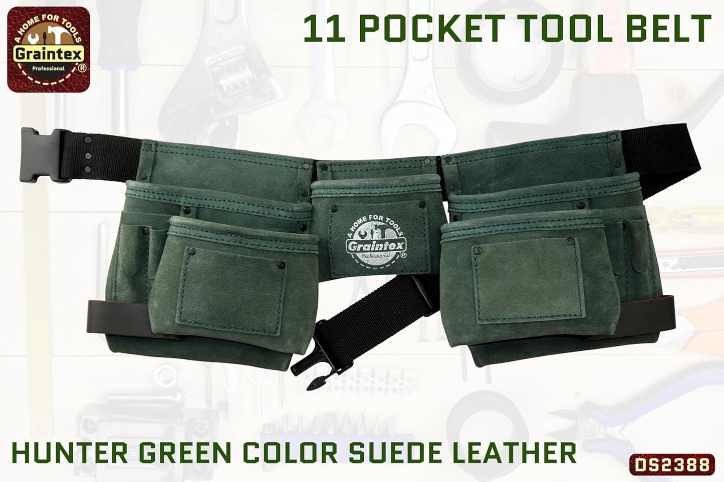 Graintex DS2388 11 Pocket Hunter Green Color Suede Leather Tool Belt/Tool Bag/Apron, 2 Hammer Loops, Adjustable Belt | Construction, Carpenter, Roofing Tools, Drywall, Gardening