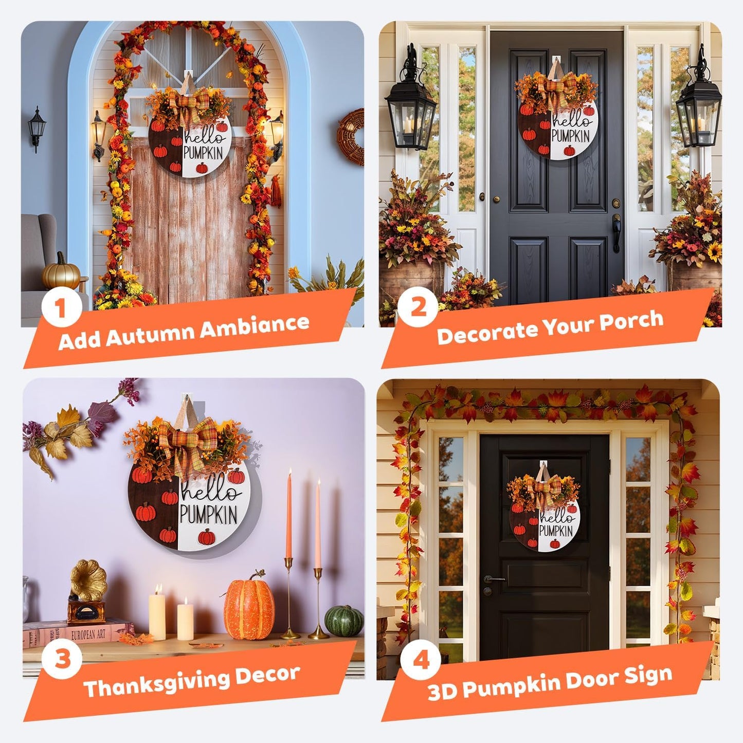 Hello Pumpkin Wooden Door Hanger Fall Outdoor Wreath with Bow & Wreath | Thanksgiving Fall Front Door Decor | Rustic Harvest Farmhouse Sign for Porch, Wall | Indoor Outdoor Autumn Home Decor