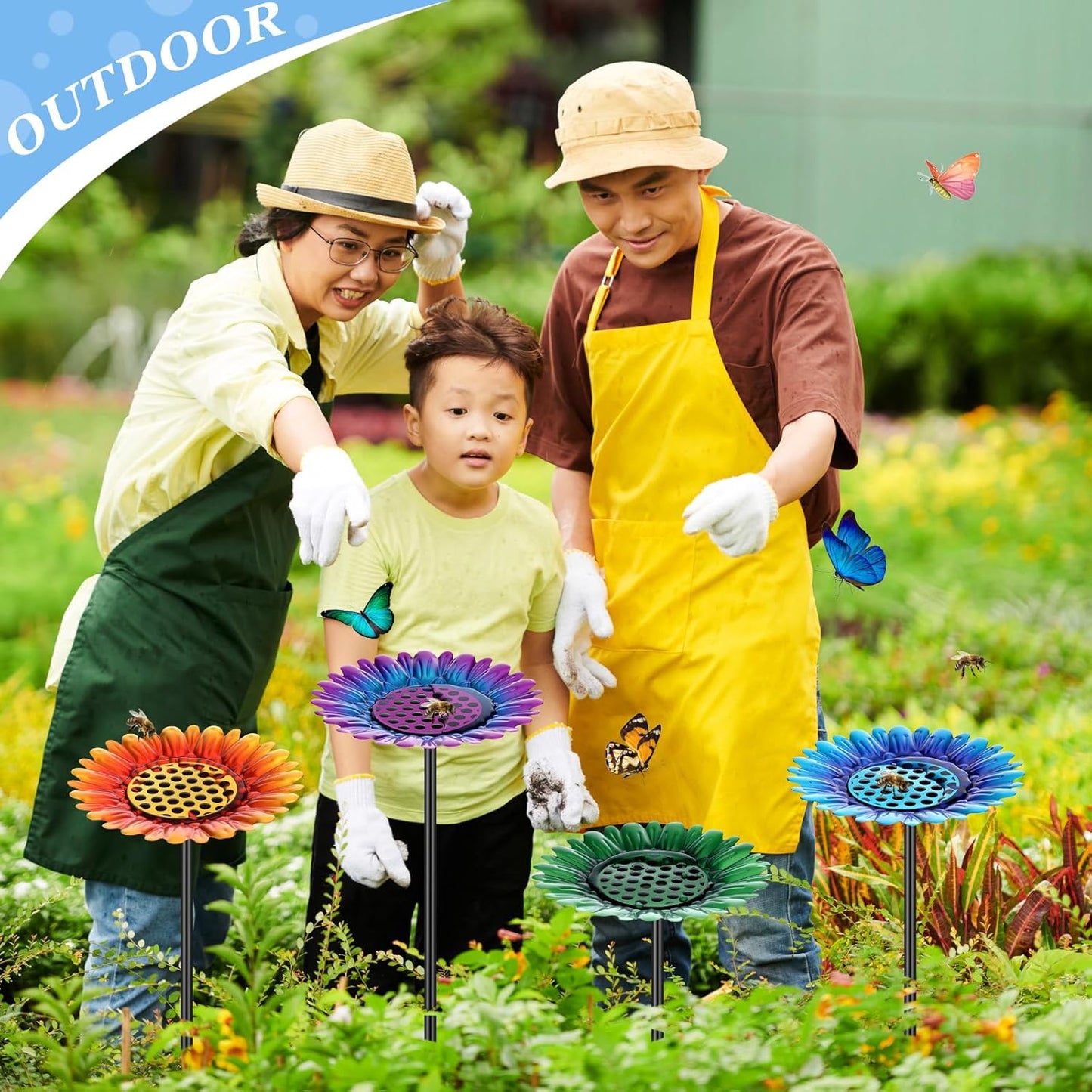 4 Pack Large Bee Watering Station 8.8'' for Bee Garden Anti Drowning Metal Pollinator Water Feeder Flower Butterfly Bath Bowl Colorful Bird Gardening Decoration, Rust Proof