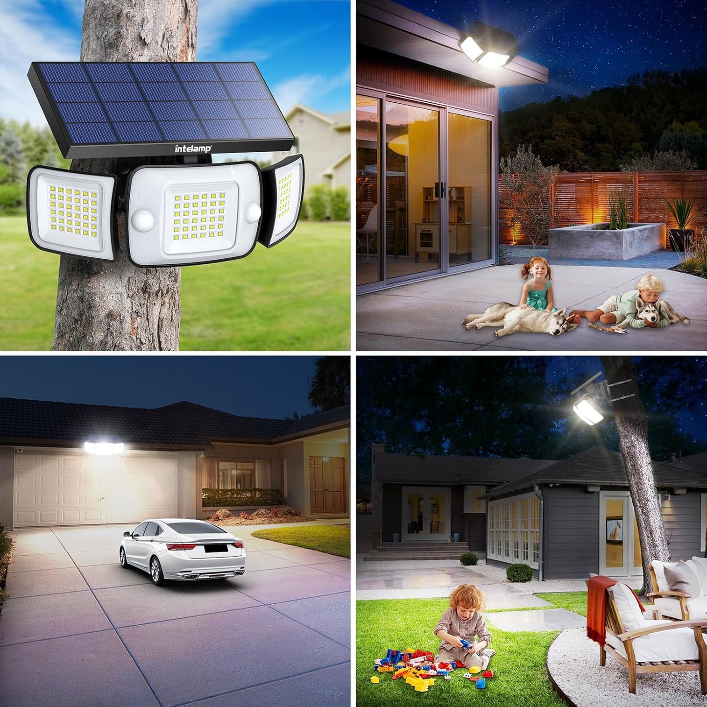 intelamp Solar Flood Lights Outdoor Waterproof, 6000mAh 1200LM Solar Powered Dual Motion Sensor LED Lighting Dusk to Dawn Security Floodlight Exterior with Remote for Outside Garden House Patio