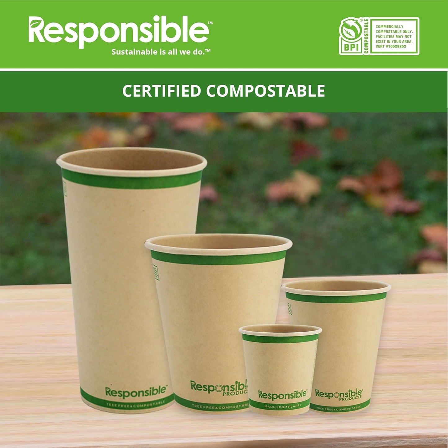 10 oz Paper Hot Cups Bulk, Tree-Less™ Compostable Paper Coffee Cups, Extra Strength, Tree-Free and Made Without PFAS, Natural Brown (1000 Count)
