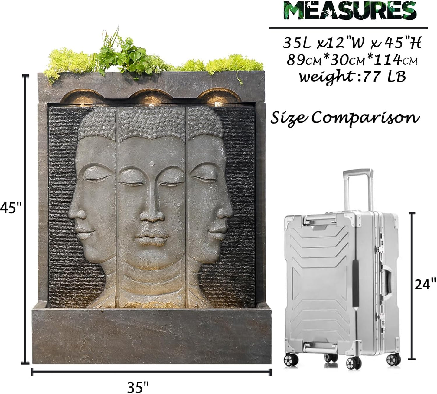 Zen Buddha Wall Fountain - Large Indoor Outdoor Waterfall Water Fountains with Planting Groove, Quiet Meditation Water Feature for Garden Patio Backyard Deck Lawn, 45 inches Tall, Gray