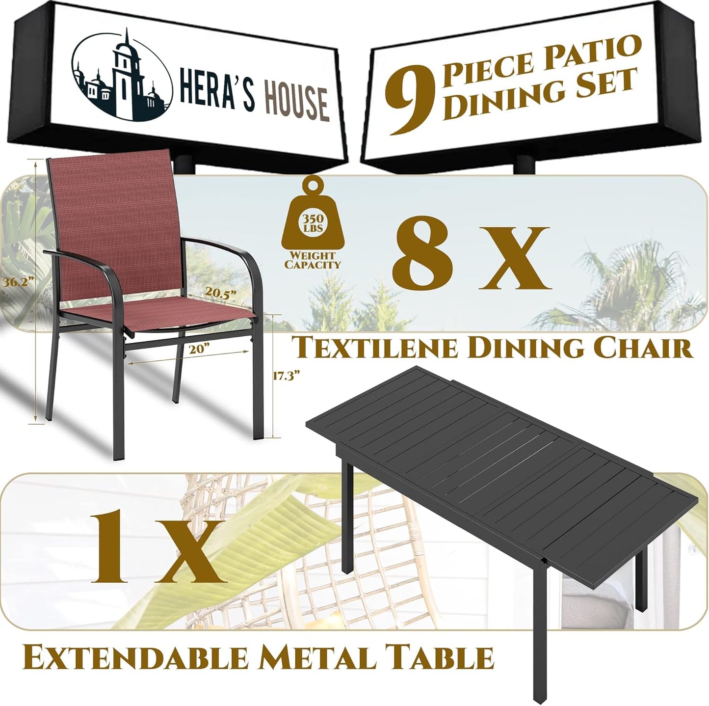 HERA'S HOUSE 9 Pieces Patio Dining Set, Outdoor Table Chairs Set for 8, 8 x Dining Red Chair and 1x Extendable Metal Dining Table for Patio, Lawn, Garden, Porch