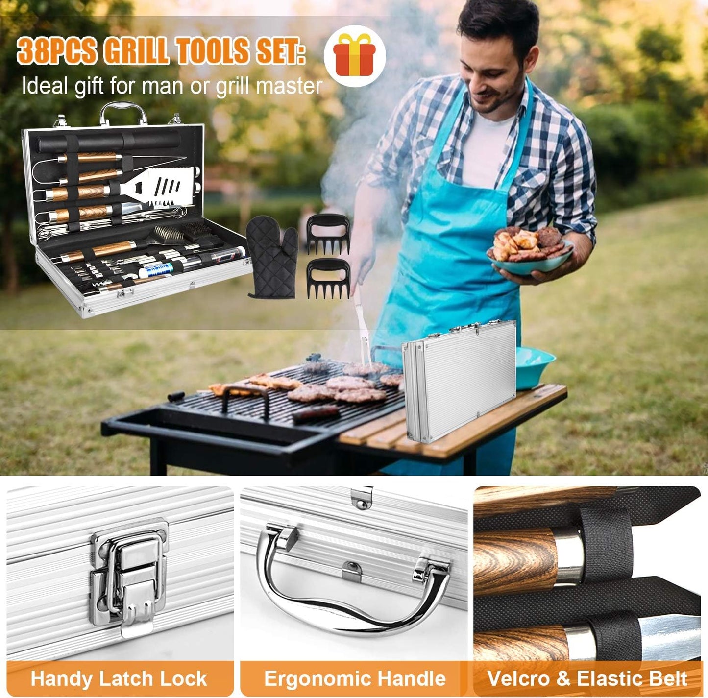 BBQ Grill Accessories Set, 38Pcs Stainless Steel Grill Tools Grilling Accessories with Aluminum Case, Thermometer, Grill Mats for Camping/Backyard Barbecue, Grill Set for Men Women