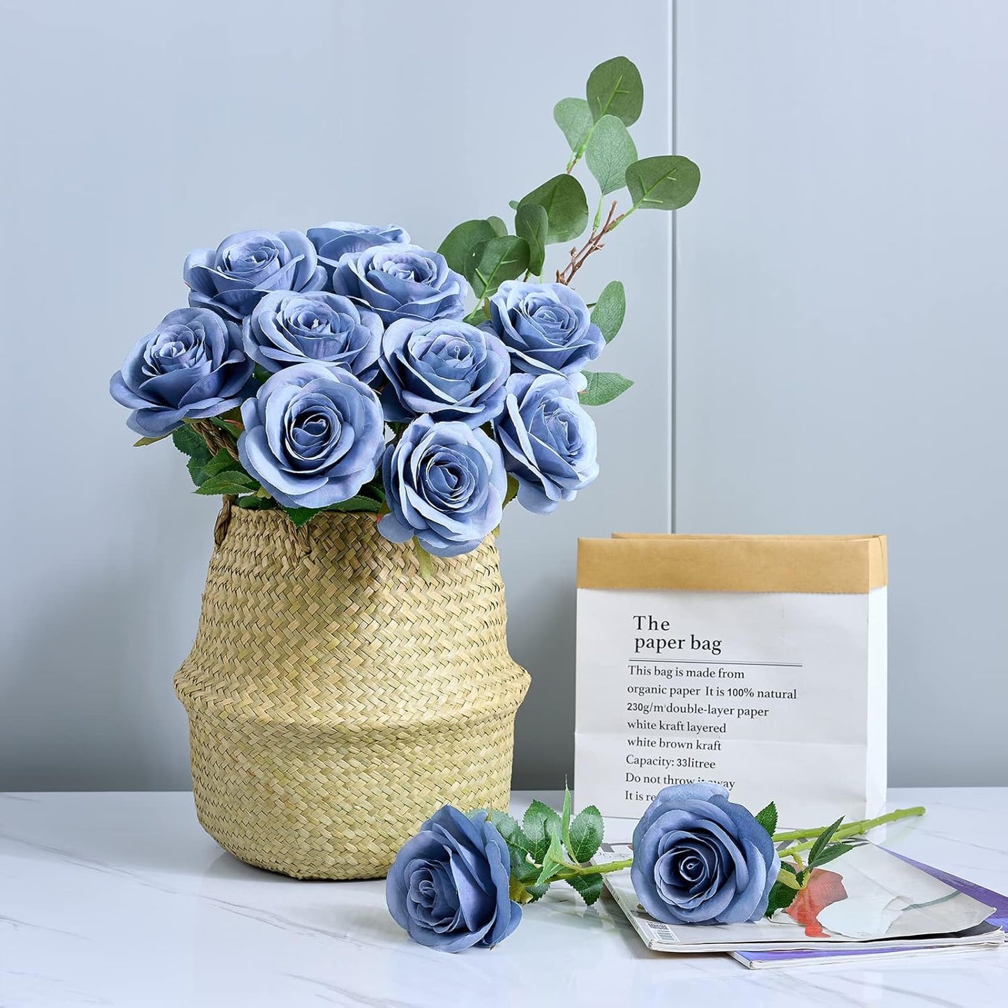 12pcs Rose Artificial Flowers Fake Roses Dusty Blue Silk Roses Blue Silk Flowers Rose with Long Stems for Wedding Home Party Centerpieces Decorations