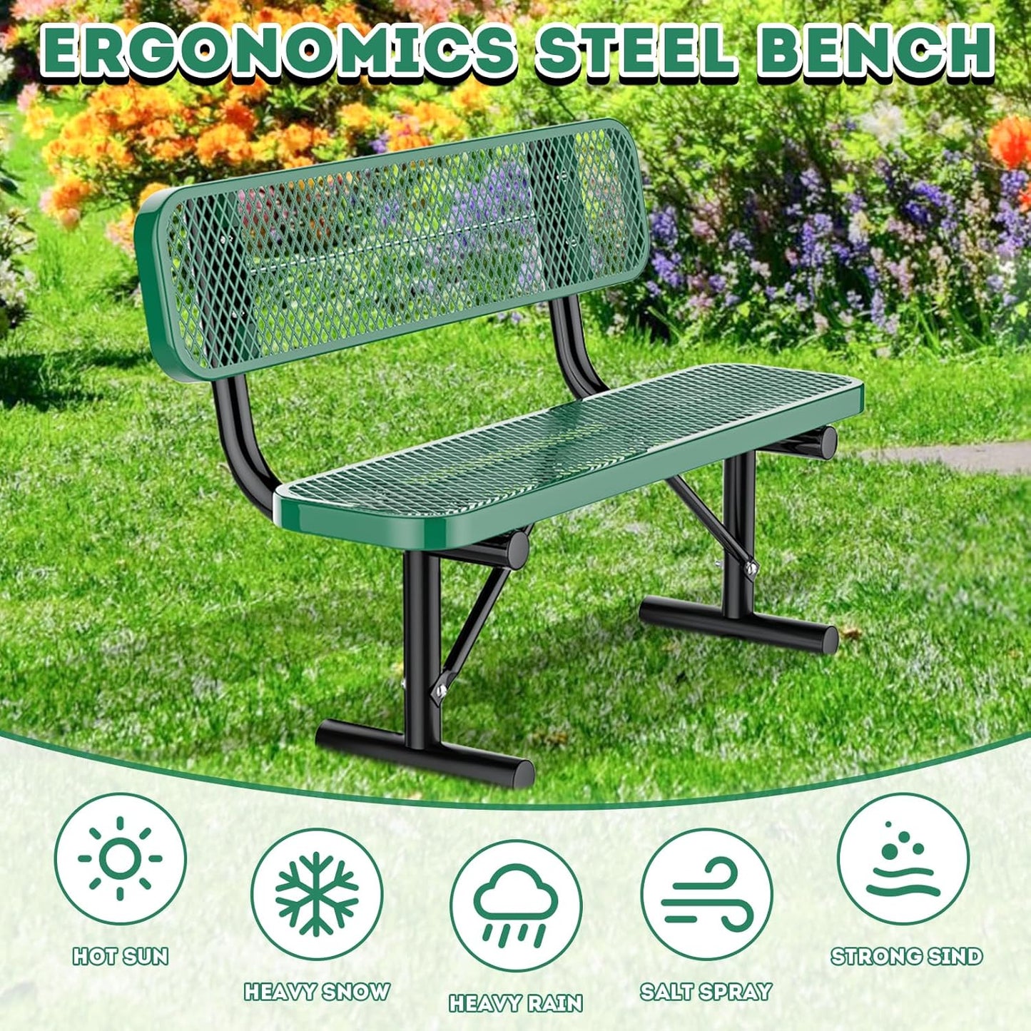 Outdoor Garden Bench, Cast Iron Metal Frame Patio Park Bench with Backrest, Portable Expanded Metal Black Bench, Commercial-Grade Outdoor Seating for Lawn, Patio, Park, Yard, Garden (Green, 4FT/48'')