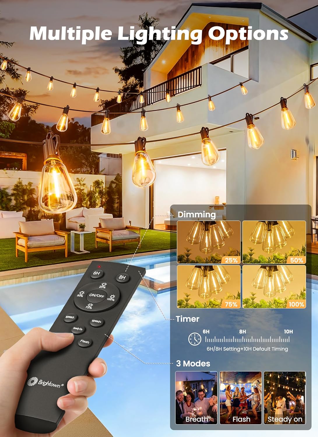 Brightown Solar Lights Outdoor Waterproof 108FT with 50 Shatterproof ST38 LED Bulbs, 2700K Solar Lights Outdoor with Remote, Solar String Lights for Outside, Camping, Yard, Party Decor