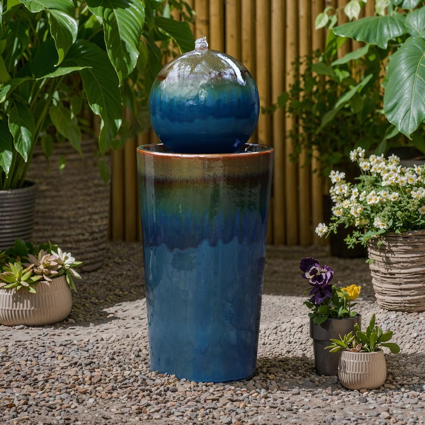 LuxenHome 30" Water Fountain Outdoor and Indoor, Glazed Blue Bubbling Sphere Ceramic Garden Outdoor Water Fountain, Elegant Modern Waterfall Garden Decor for Patio, Lawn, and Backyard