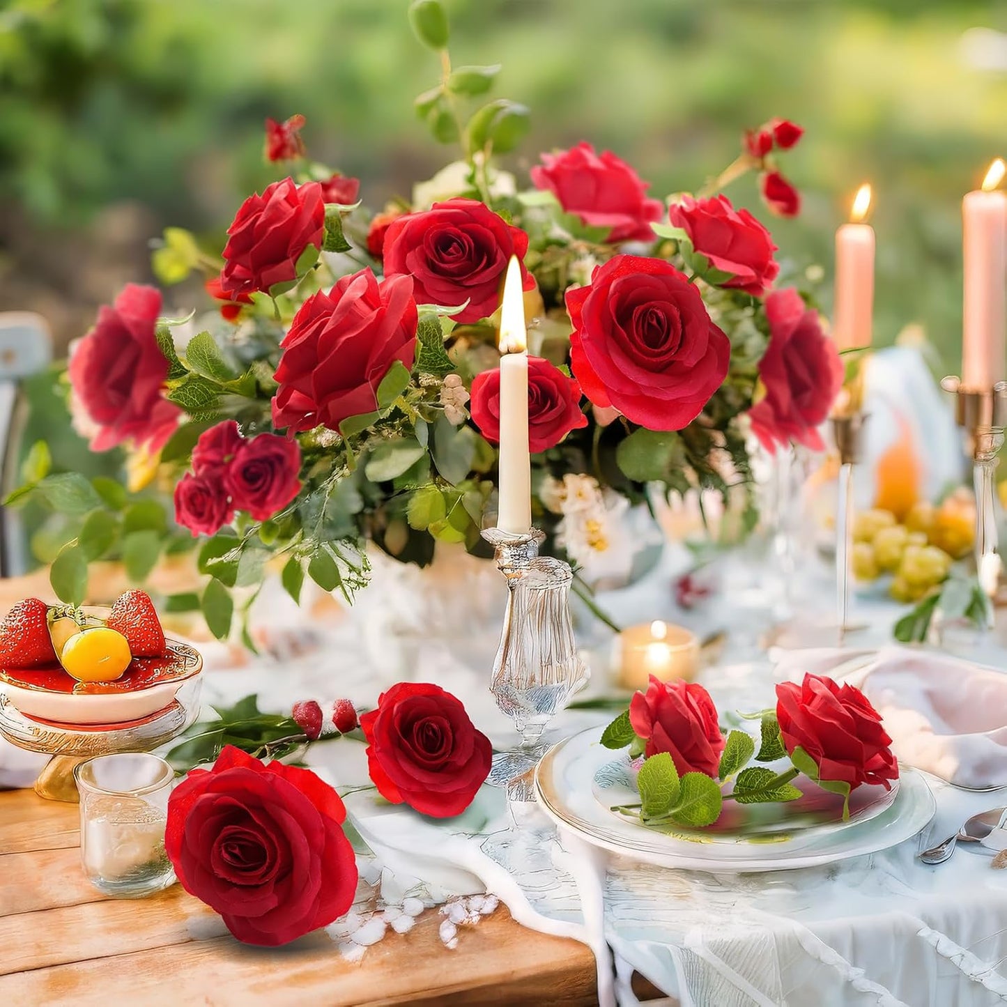 Fake Roses Not Bend The Peduncle Artificial Flowers Fake Flowers with Stems for DIY Wedding Bouquets Bridal Shower Centerpieces Arrangements Tables Decorations (24pcs,Ruby Red)