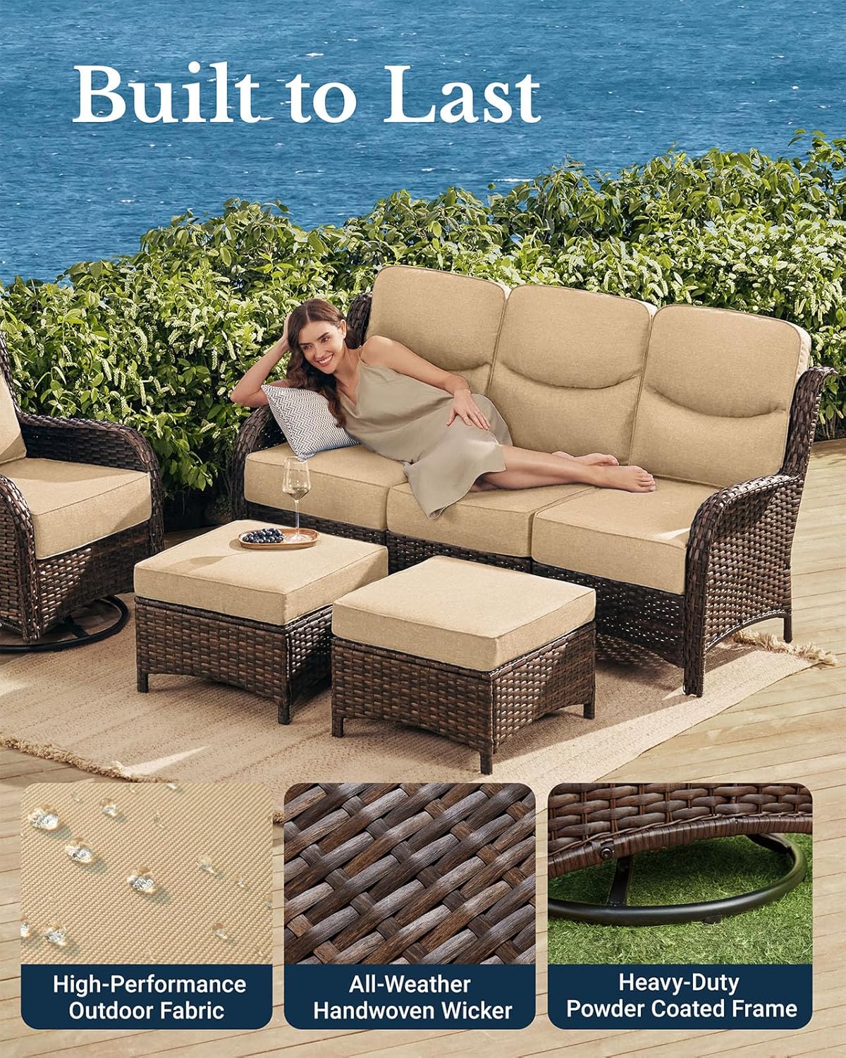 HILLGA Luxury Patio Furniture Set with 6-Inch Thick Cushions, High Back Outdoor Swivel Rocker Chairs and Patio Couch, 13-Piece All Weather Conversation Set for Porch Deck Pool Yard, Beige (V3)