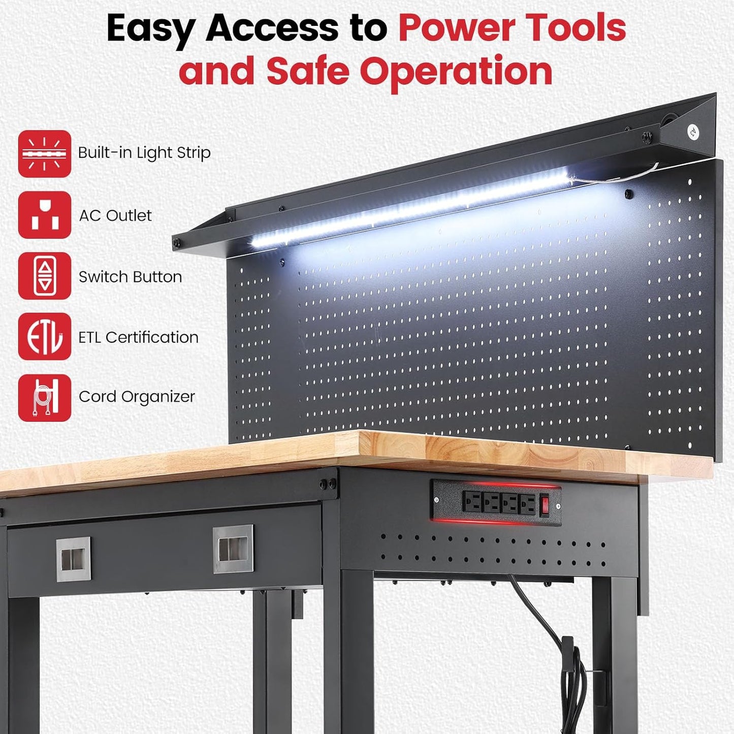 Work Bench with Wheels 60 x 22 Inch Heavy Duty Rubberwood Tabletop Work Table Adjustable Height Garage Workbench with LED, Drawers, Pegboard, Power Outlets for Woodworking Shop, Home, Office