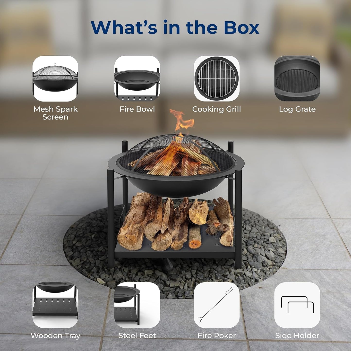 SereneLife Portable Outdoor Fire Pit - 2-in-1 Steel BBQ Grill and 26" Wood Burning Fire Pit Bowl with Mesh Spark Screen, Log Grate, Fire Poker, and Cover for Camping, Picnic, Bonfires