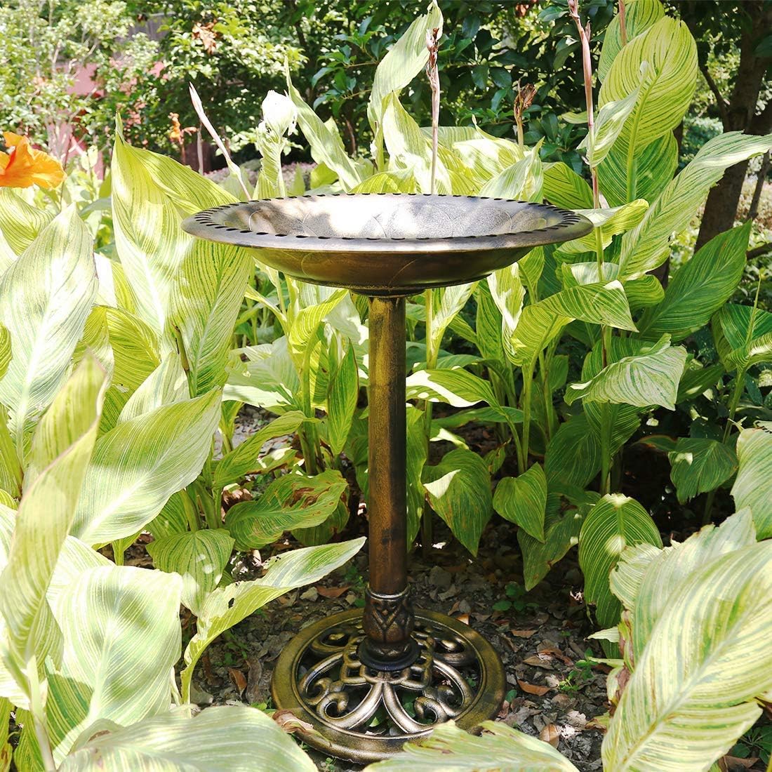 VIVOHOME Polyresin Antique Outdoor Golden Garden Bird Bath and Solar Powered Round Pond Fountain Combo Set