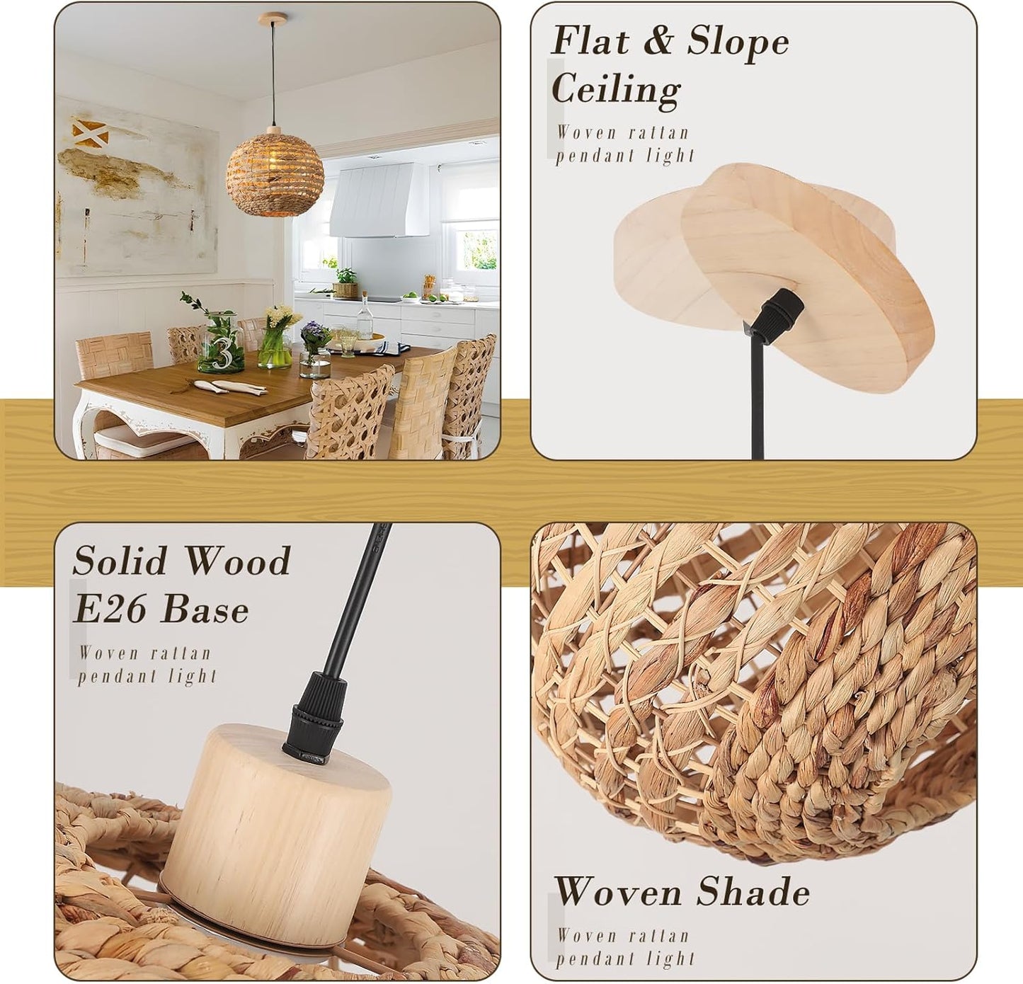 Boho Pendant Lights Kitchen Island Rattan Lights Fixture for Dining Room 15.8" Hand-Woven Chandelier Weaving Hanging Ceiling Light for Restaurant Living Room Bedroom Foyer Hallway