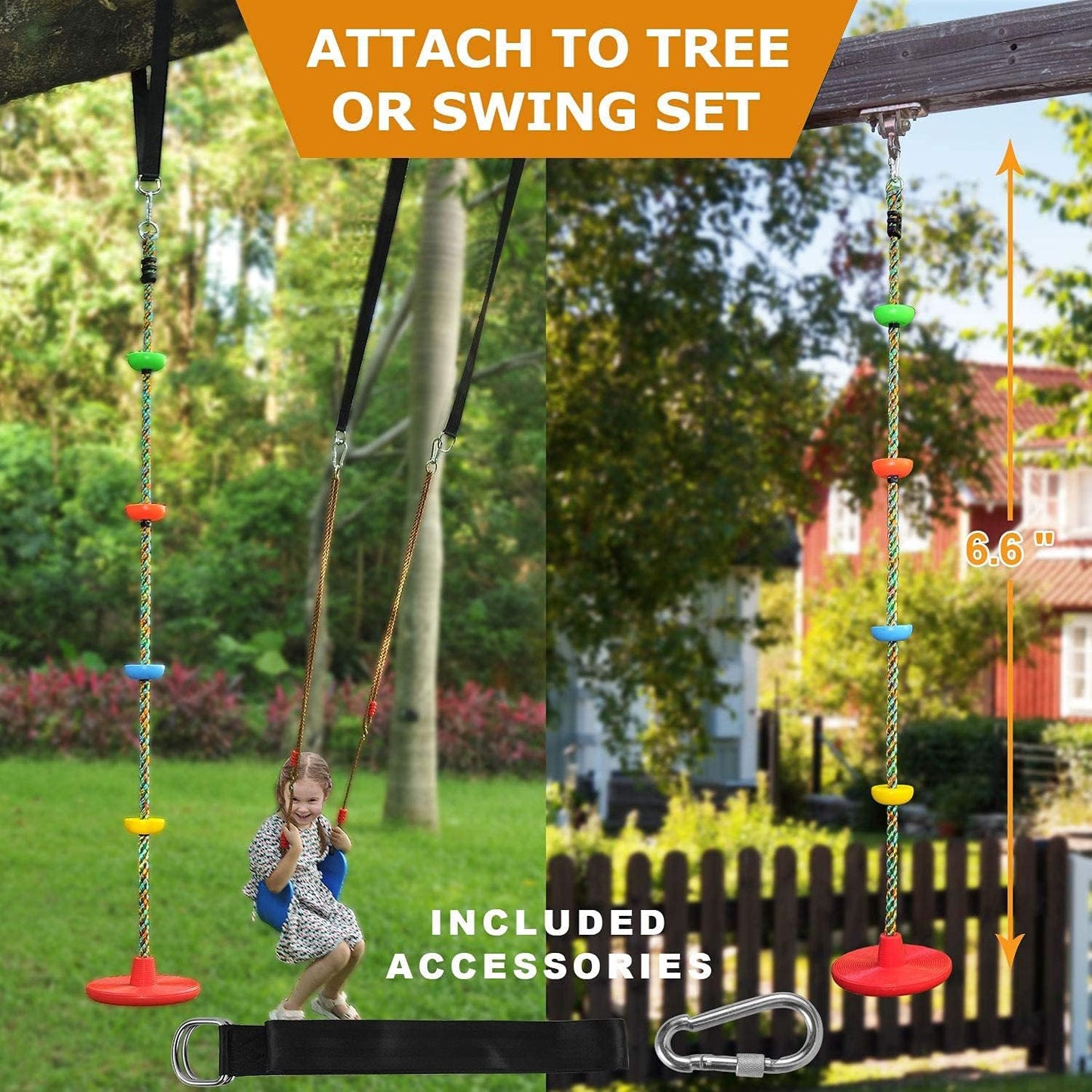 2 Pack Swing Seats with Tree Climbing Rope, Multicolor Swings with Platforms - Outdoor Toys for Kids&Adults- Playground Backyard Swingset Accessories with 5Ft Strap and Snap Hook