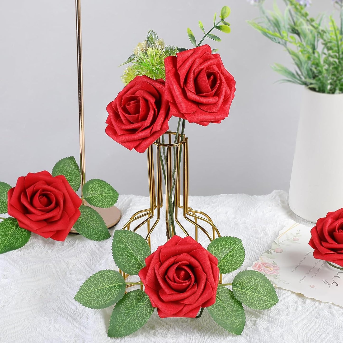 AmyHomie Artificial Flowers Red Rose 50pcs Real Looking Fake Roses w/Stem for DIY Wedding Bouquets Centerpieces Arrangements Party Baby Shower Home Decorations