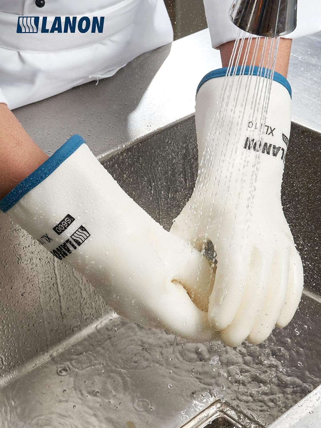 LANON Liquid Silicone Gloves, Heat Resistant Oven Gloves with Fingers, Food Grade, Waterproof, White, XXL