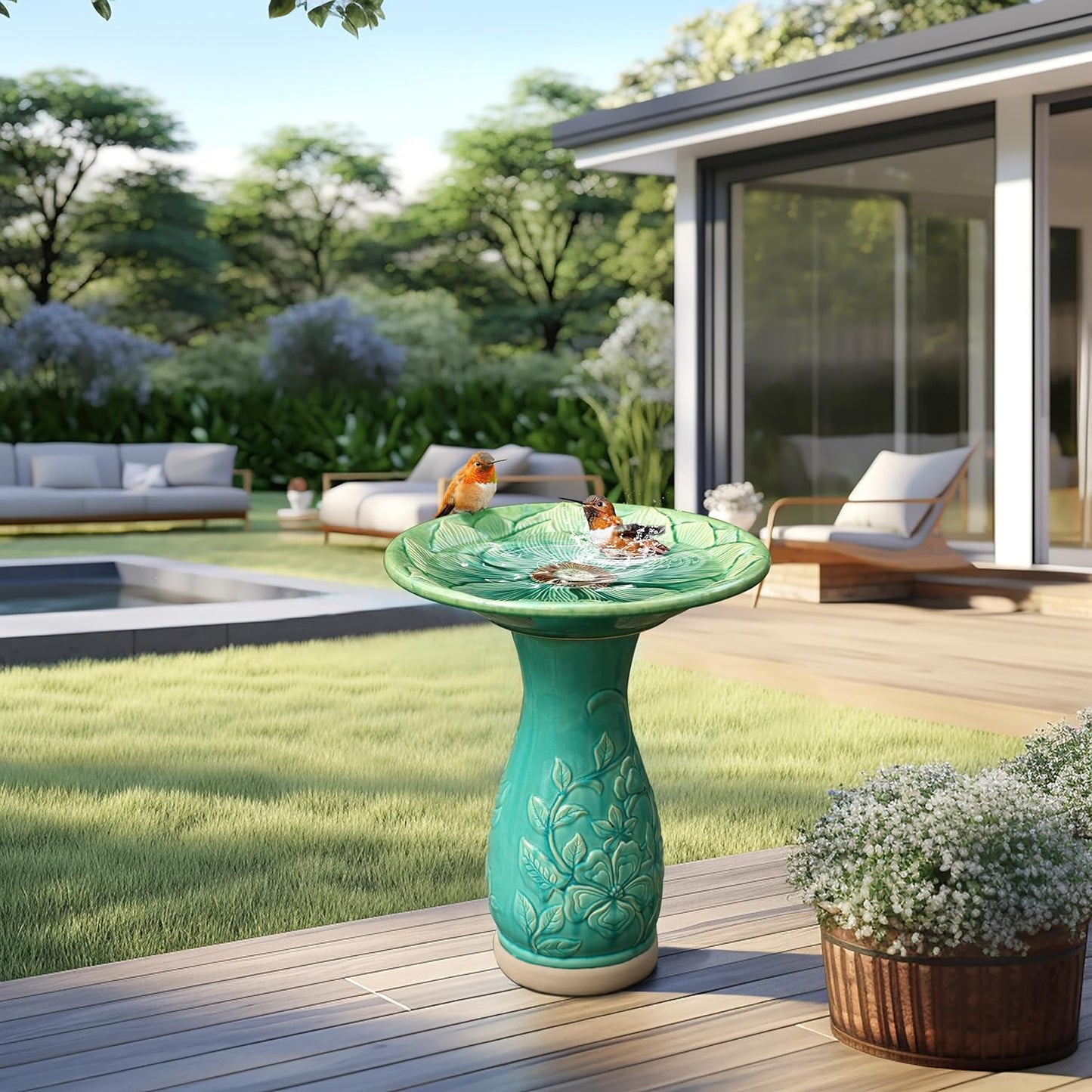 LuxenHome 23 Inch Ceramic Bird Bath for Outside, Elegant Tall Outdoor Bird Bath, Lightweight Pedestal Glazed Birdbaths for Outdoors with Floral Embossed Design, Jade Green