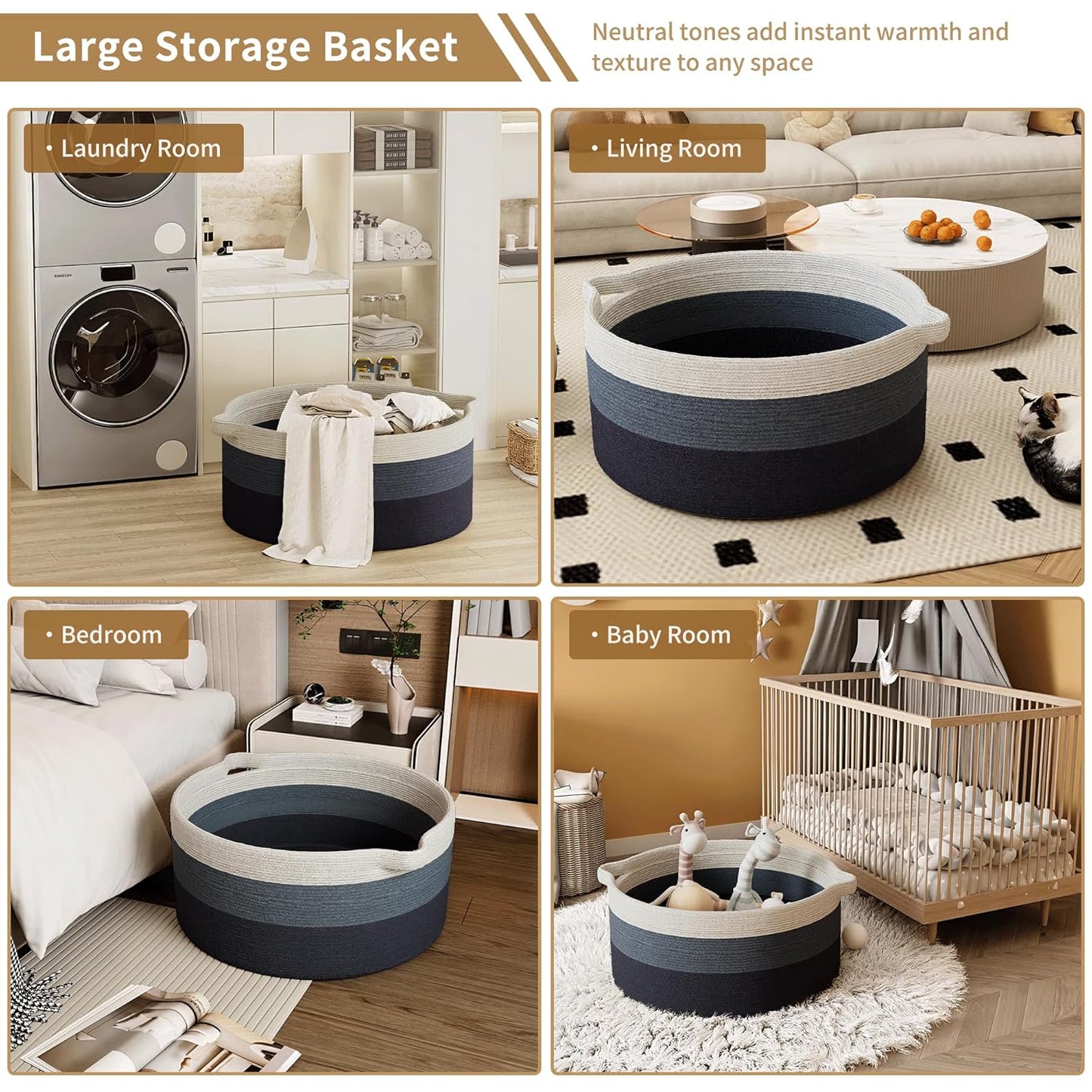 125L Extra Large Blanket Basket, 25" x 16", Jumbo Laundry Woven Baskets Decorative Home, Cotton Rope Basket with Handles, Baby Toy Baskets for Storage, Gradual Blue, 2PC