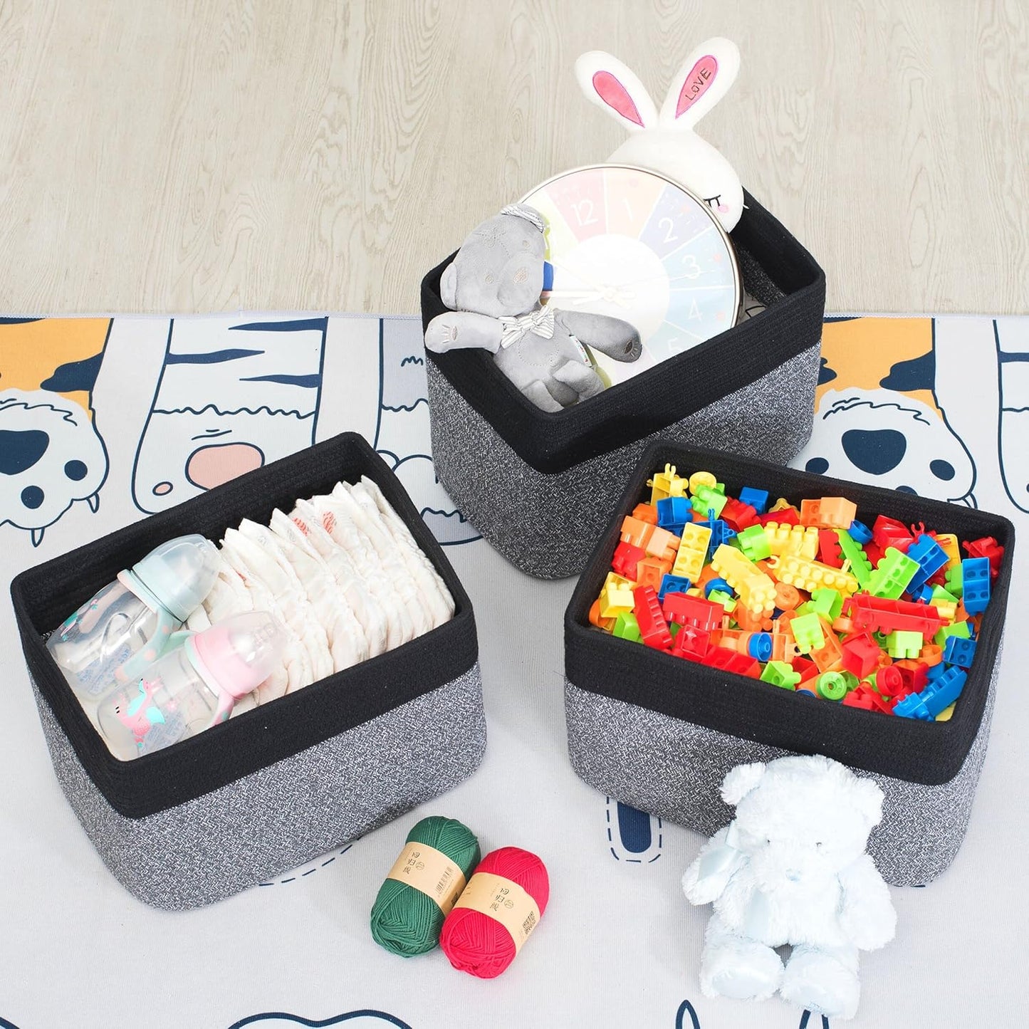 MINTWOOD Design Storage Basket for Shelves, Decorative Baskets for Organizing, Book Basket, Storage Cube Bin Box, Woven Closet Organizer, Pantry Closet and Shoe Basket, Black Grey Mix