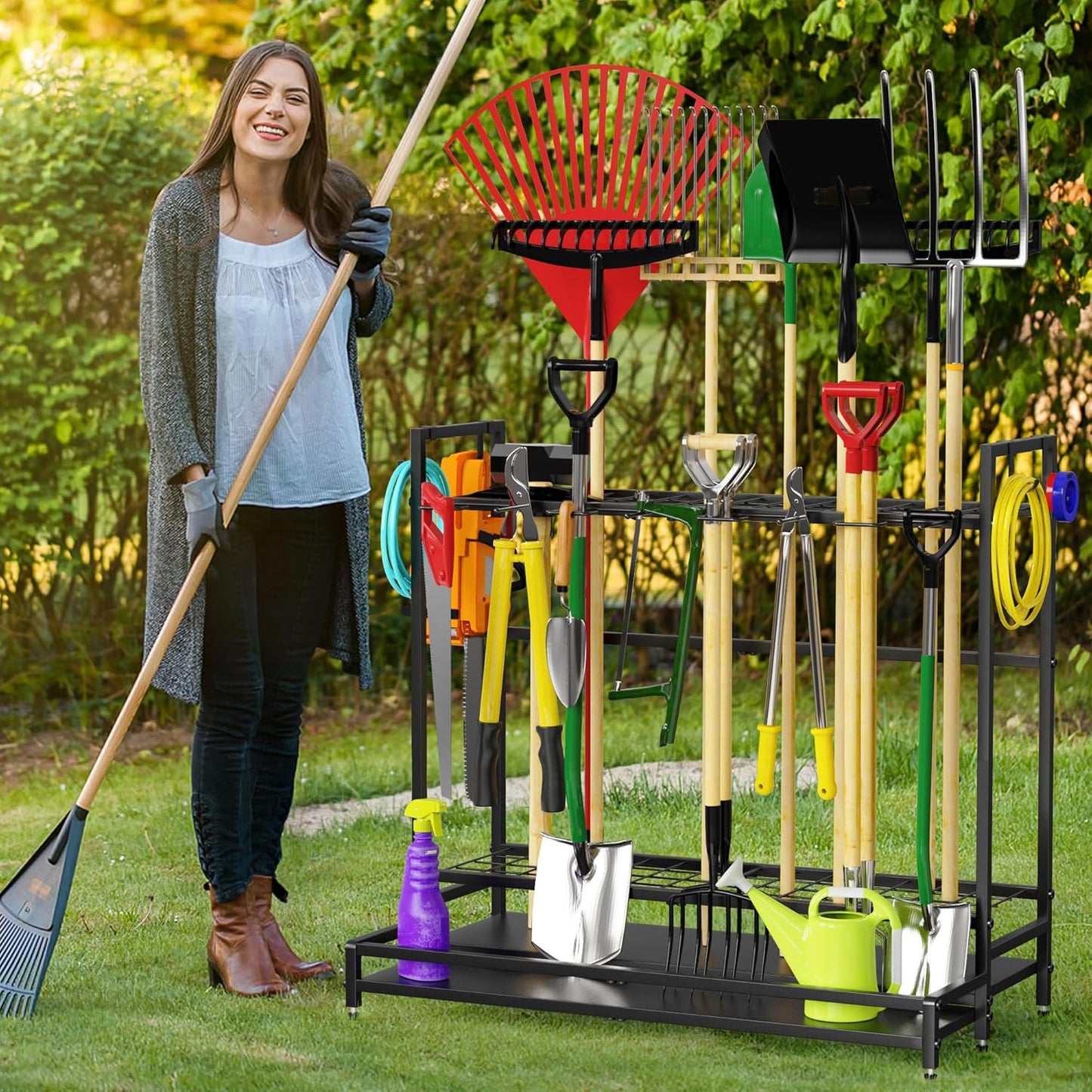 Garden Tool Rack Organizer for Garage Yard Tool Storage, Garden Tools Storage for Organization Black Metal Gardens Tools Holder for Yard Shed Garage