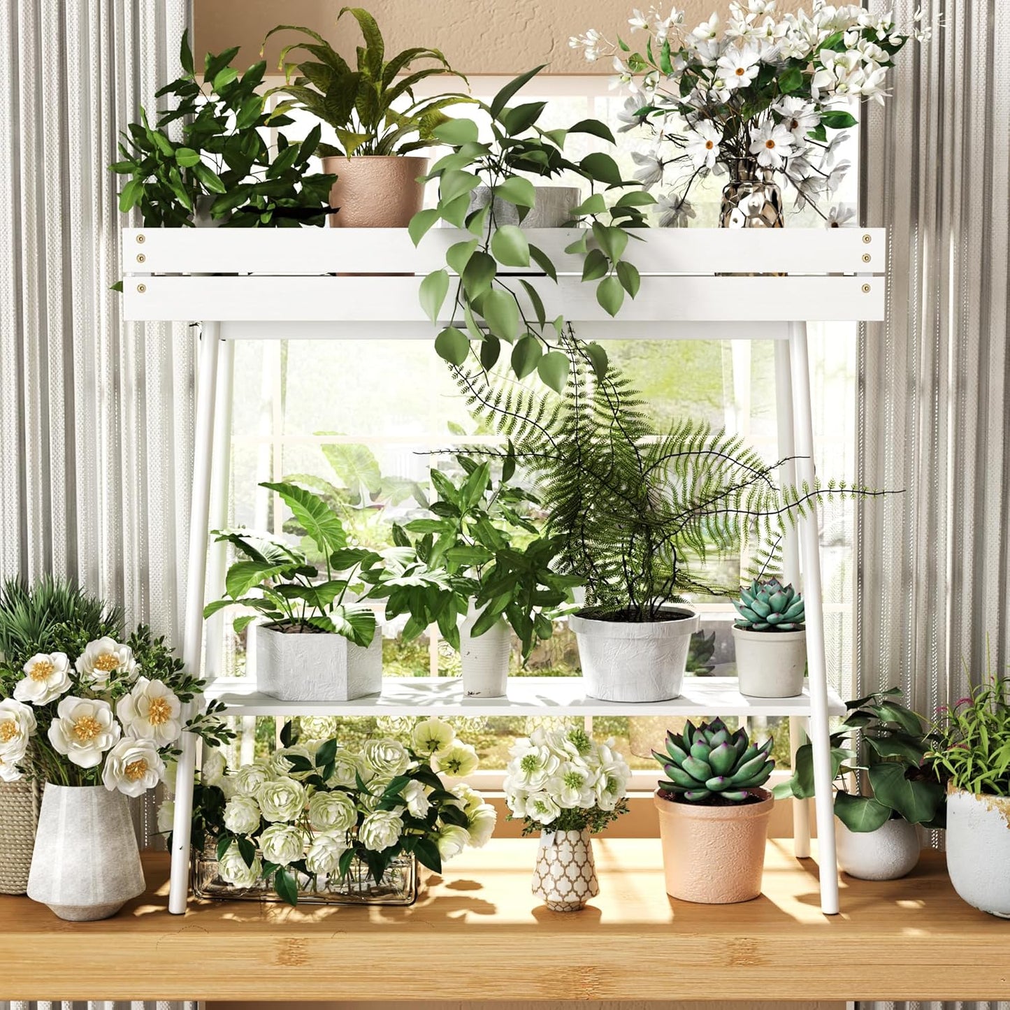 BAMBANG Bamboo Plant Stand Indoor, 2 Tier Small Plant Table, Tall Plant Stand for Indoor Plants, Window Sill Plant Shelf, Flower Pot Holder Plant Bench Plant Rack for Living Room Outdoor, White