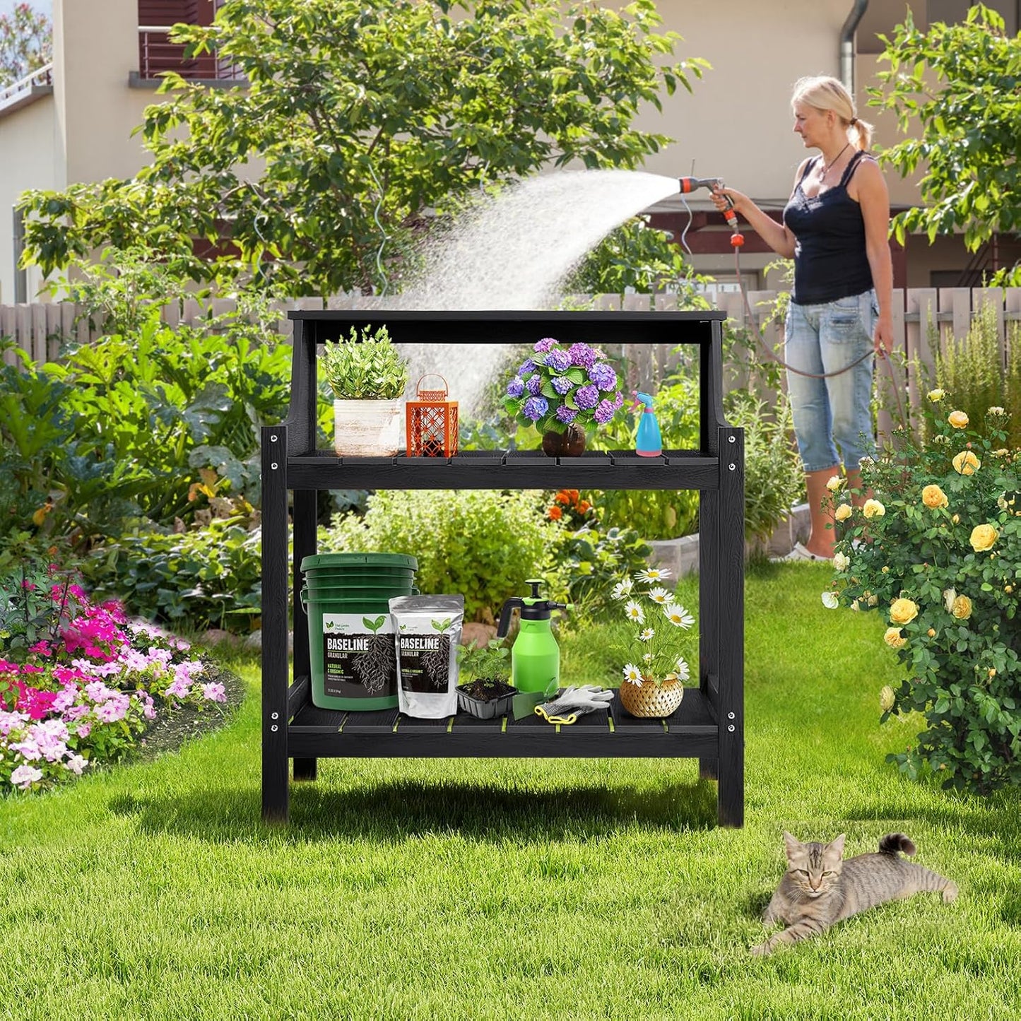 Potting Bench Table, HDPS Potting Bench with 4 Side Hooks, All-Weather Garden Table Work Station, Outdoor Potting Table for Porch, No Rust, No Fade, No Break, 360lbs Capacity (Black, Large)