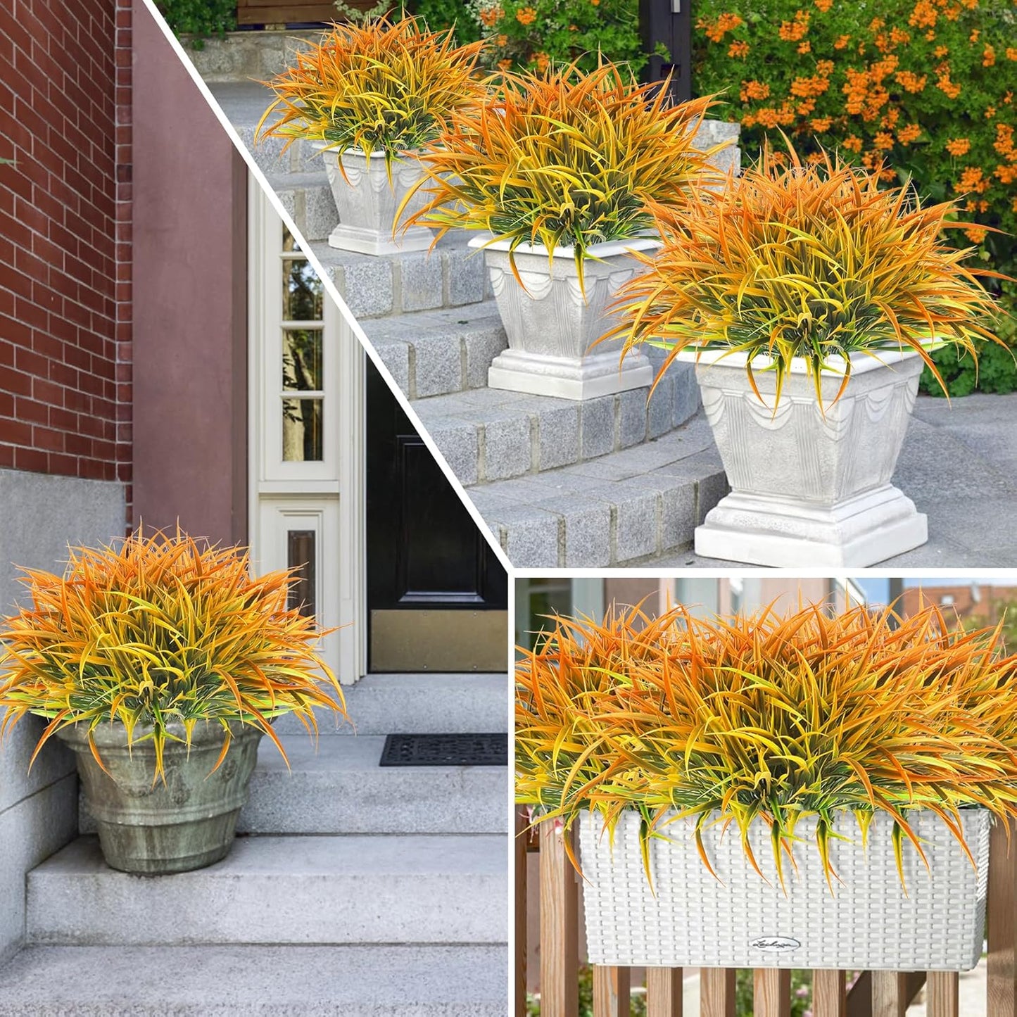 Ouddy Decor 16 Bundles Artificial Fall Plants Outdoor Fake Grass Stems UV Resistant Faux Plastic Plants Shrubs for Autumn Home Garden Pathway Farmhouse Front Porch Harvest Thanksgiving Decor, Orange
