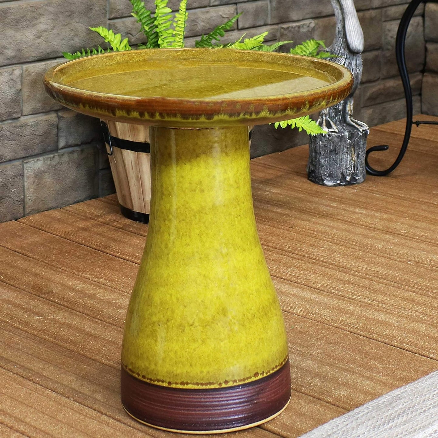 Sunnydaze 21" H Ceramic Bird Bath for Outside - Hand-Painted Outdoor Bird Bath Bowl, UV/Frost-Resistant Finish - Cognac Yellow - Ribbed Pedestal