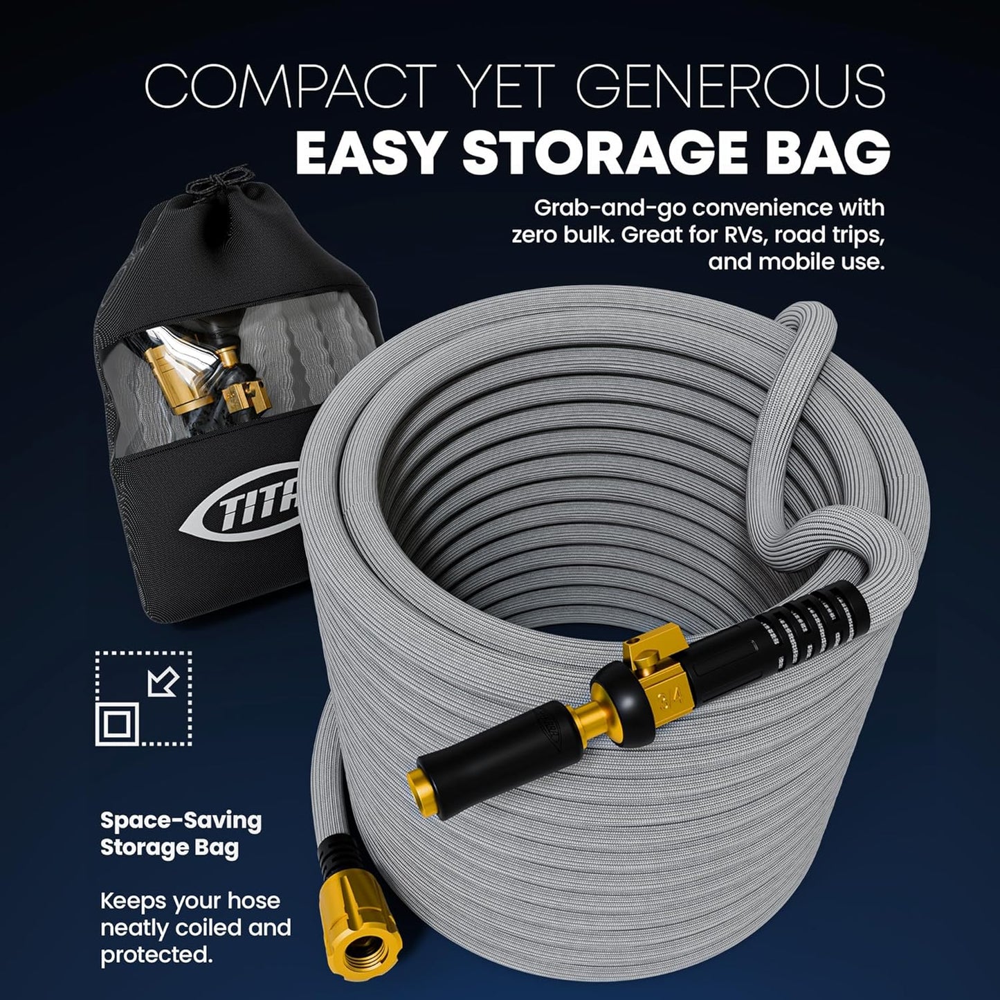 TITAN Flexible Garden Hose 100FT – Ultra Lightweight, Heavy Duty Water Hose with Brass Fittings & Jet Nozzle – Kink-Free, Non-Expanding, Durable Fabric Hose for Yard, Lawn, Car Wash, Outdoor Use