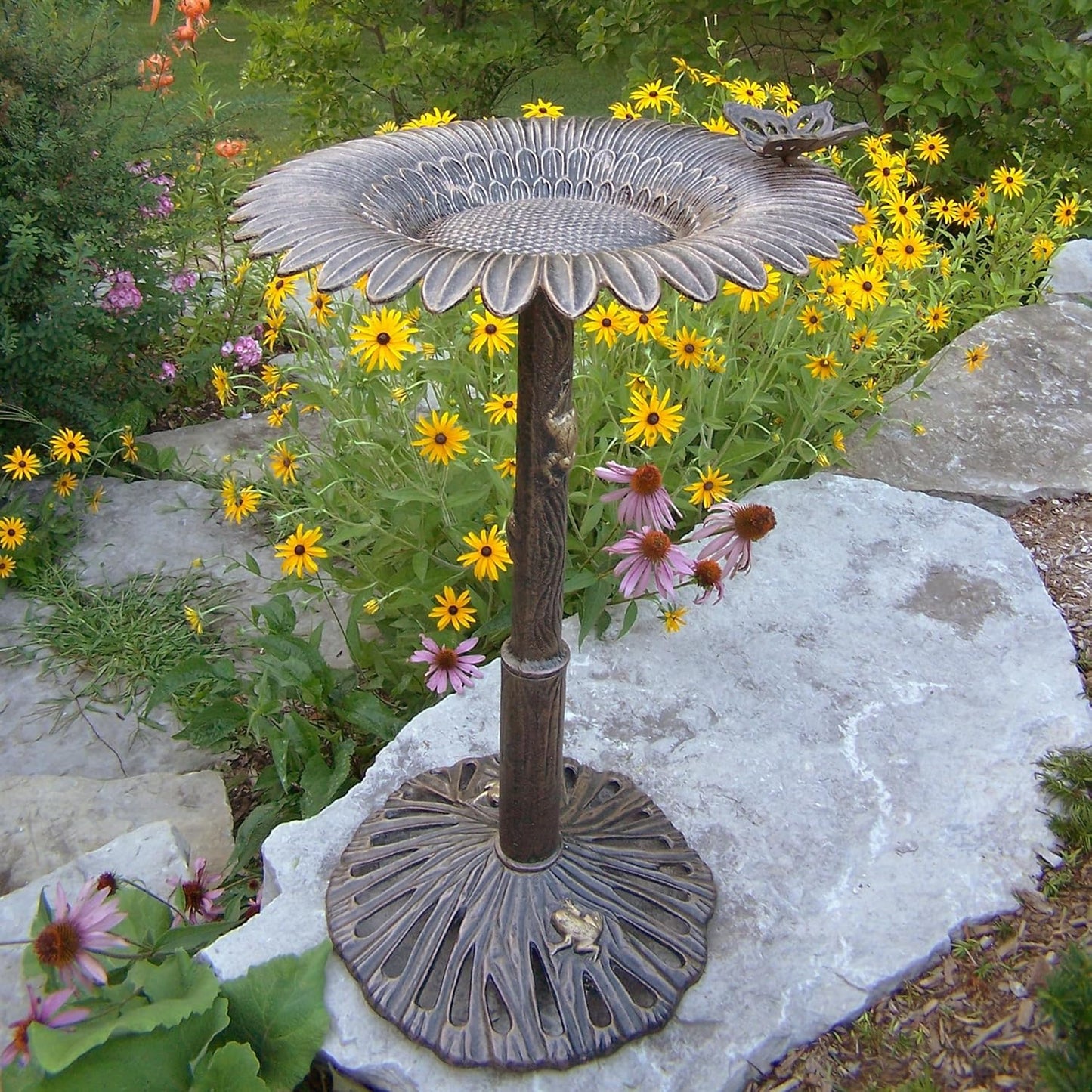 Oakland Living Round Cast Aluminum Metal 32-in Bronze Bird Bath with Butterflies and a Sunflower