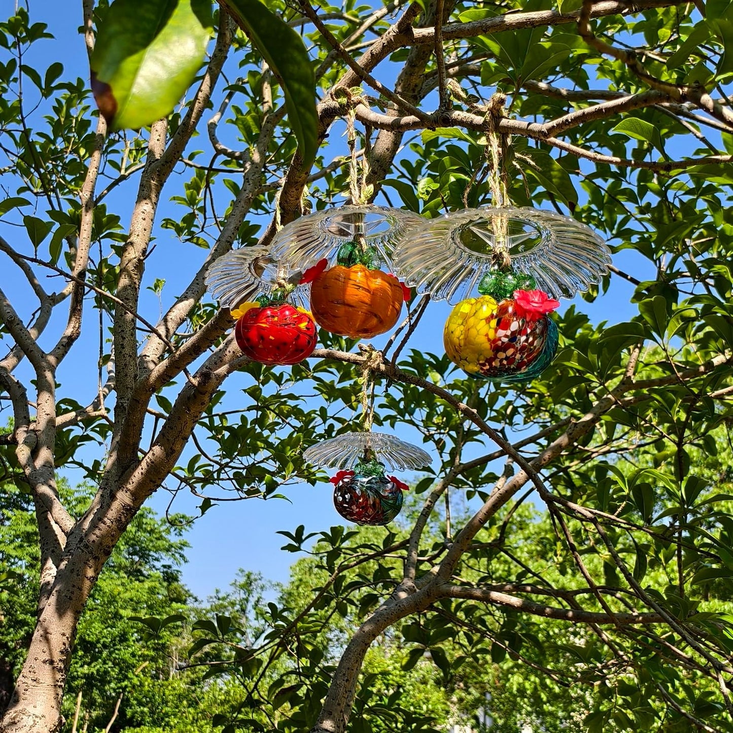 Small Glass Hummingbird Feeders for Outdoors Hanging - 4PC X Mixed Color Hand Blown Glass Pumpkin Nectar Feeding + Rain Cover, 2 Flowers Feeding Ports, Decor for Garden/Backyard Outside