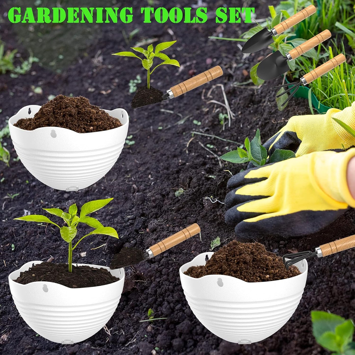 Hanging Planters, Set of 9 White Hanging Pots, 8" Hanging Flower Pots, Plant Pots with Drainage Plugs, Water Barrier and Chains, Come with Free Mini Garden Tools Set