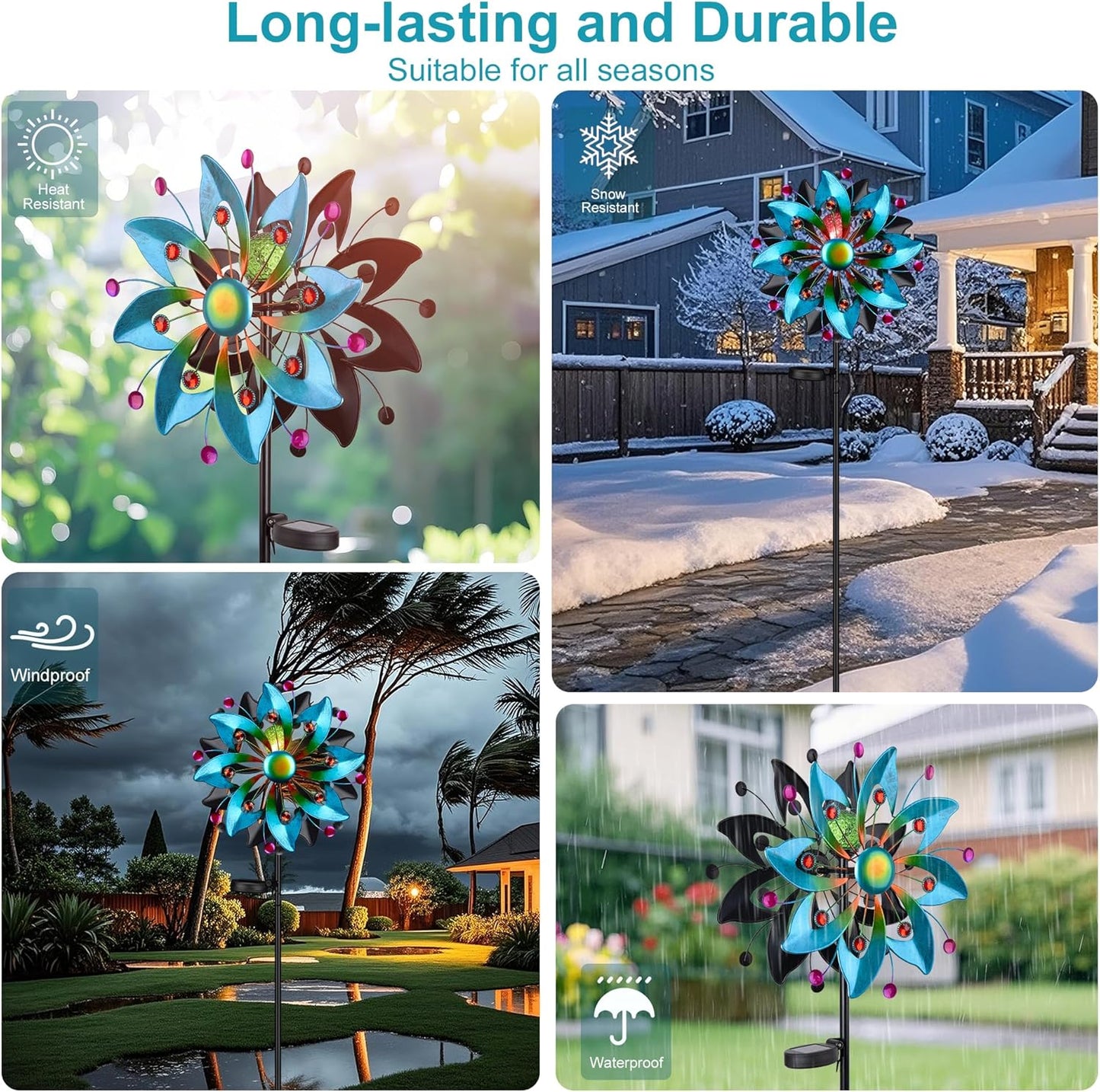 Solar Wind Spinners Outdoor - 58.8 inch Large Metal Kinetic Art Wind Sculptures Solar-Powered Multi-Color Lights Glass Ball with 360° Swivel Waterproof Windmill for Yard Garden Patio Lawn Decor