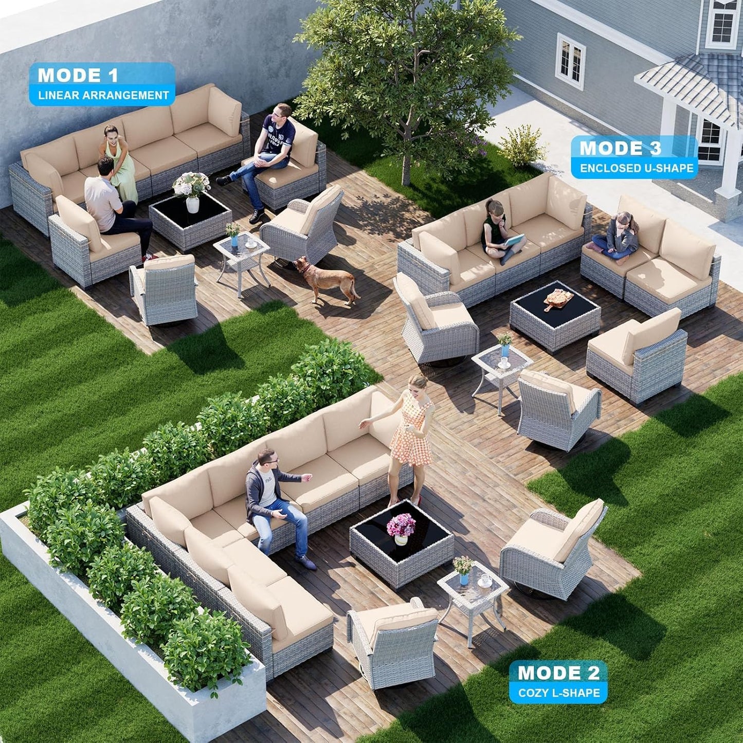 10-Piece Patio Furniture Set, Outdoor Patio Furniture with Swivel Chairs Set, Thick Cushions, Modular Patio Sofa, Dual-Strand Wicker Rattan, Rust-Resistant Frame, Sand