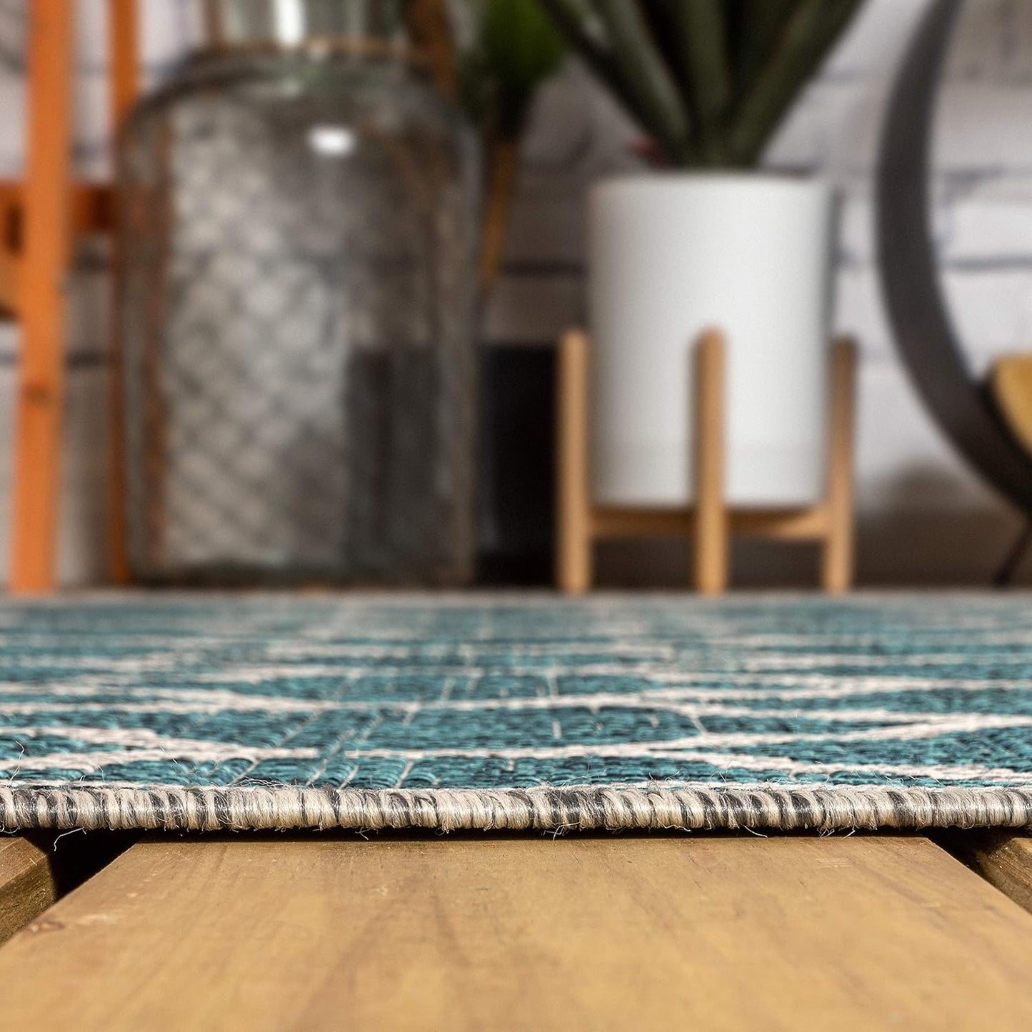 Eyely BMS109E-6R Santa Monica Trebol Moroccan Trellis Textured Weave, Pet Friendly, Non-Shedding, Stain Resistant, Easy-Cleaning, Teal/Gray, 6' Round, Indoor/Outdoor, Area Rug