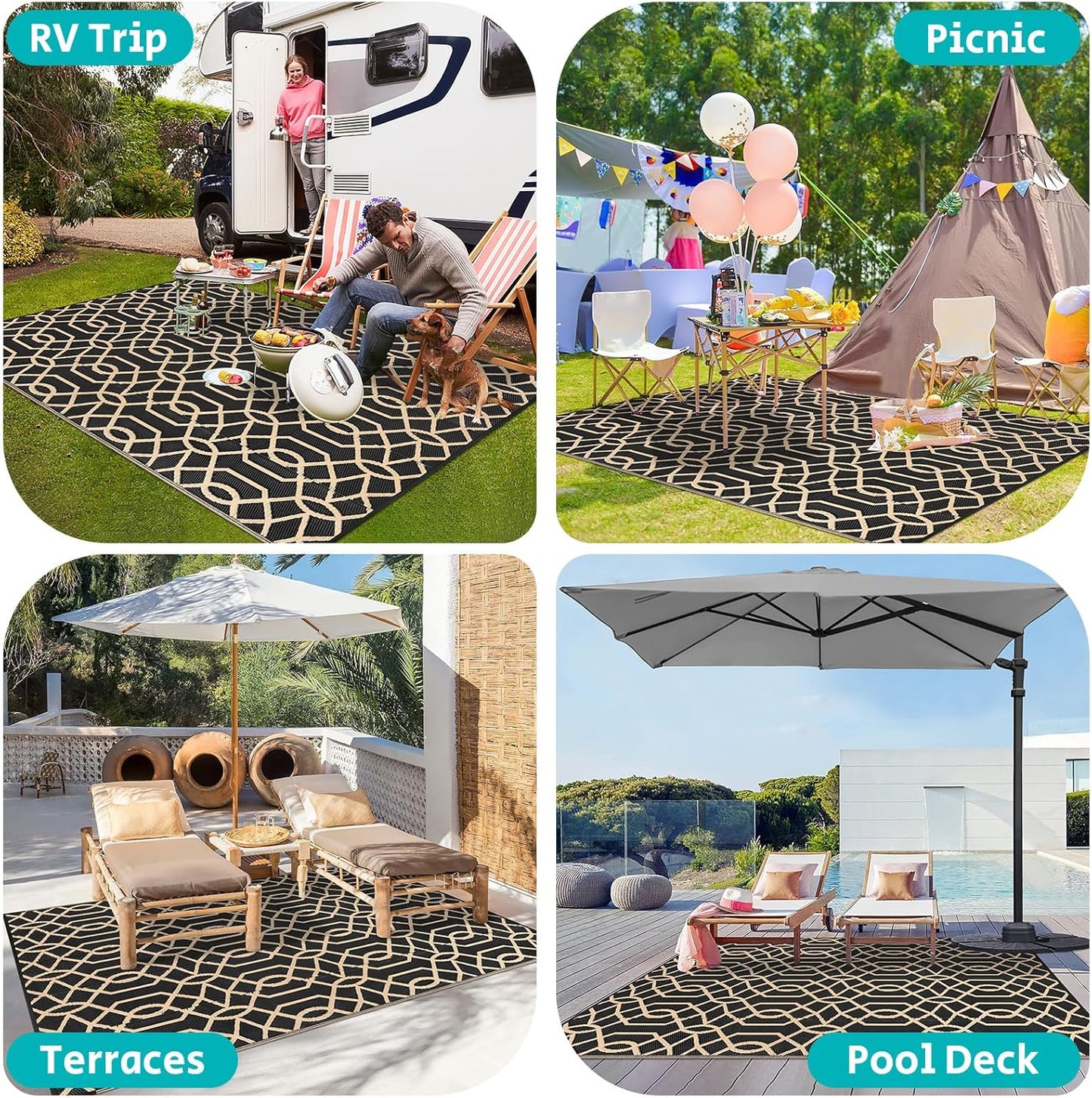 HEBE Outdoor Rug Waterproof 6x9, Reversible Plastic Straw Rug RV Camping Rug, Indoor Outdoor Patio Mat Clearance, Outside Carpet for Porch,Deck,Camper,Balcony,Backyard,Picnic