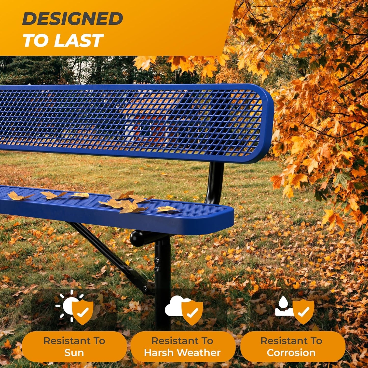 Heavy-Duty Outdoor Metal Bench, Thermoplastic-Coated, Inground, Weatherproof, Commercial-Grade for Parks, Gardens, Patios, Stores & More (6 Ft - Inground with Back, Blue)