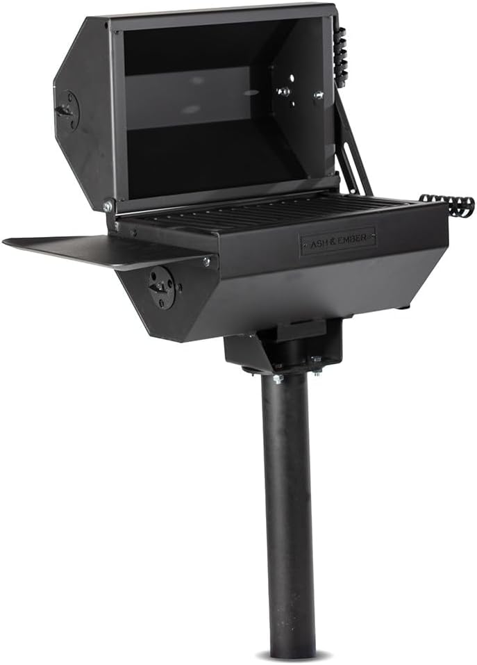 Ash & Ember Park-Style Grill/Smoker, 260 Sq In Charcoal Grill with Cover, 17.5"x11.5" Grate, Side Shelf for Food Prep, Single Post Permanent Park-Style Grill for Outdoor Backyard BBQ