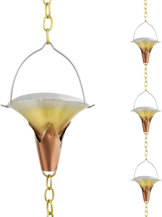 8.5 FT Rain Chain, Metal Rain Gutter Chains with 10 Morning Glory Shaped Cups, Adjustable Metal Rain Catcher Chain for Eaves Drainage, Replacement for Downspout