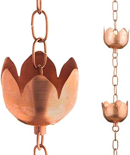 Copper Rain Chain – Decorative Chimes & Cups Replace Gutter Downspout & Divert Water Away from Home for Stunning Fountain Display – 3’ Long for Universal Fit – Flower Style