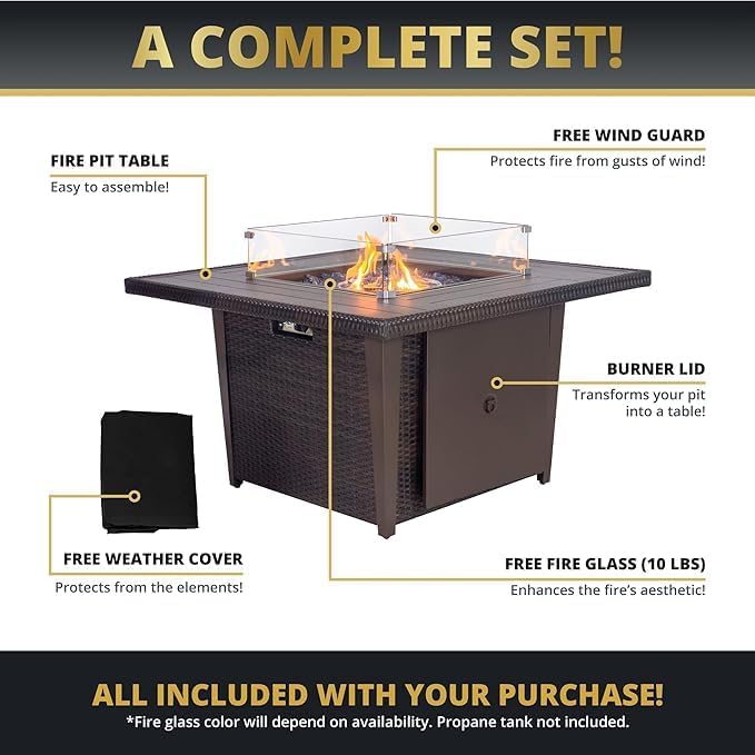 42 Inch Outdoor Propane Fire Pit, 50,000 BTU Gas Fire Pit Table with Lid, Wind Guard, Cover, and Glass Stones, Brown Squre Rattan Gas Firepit Table for Patio, Terrace, Garden, CSA Certification
