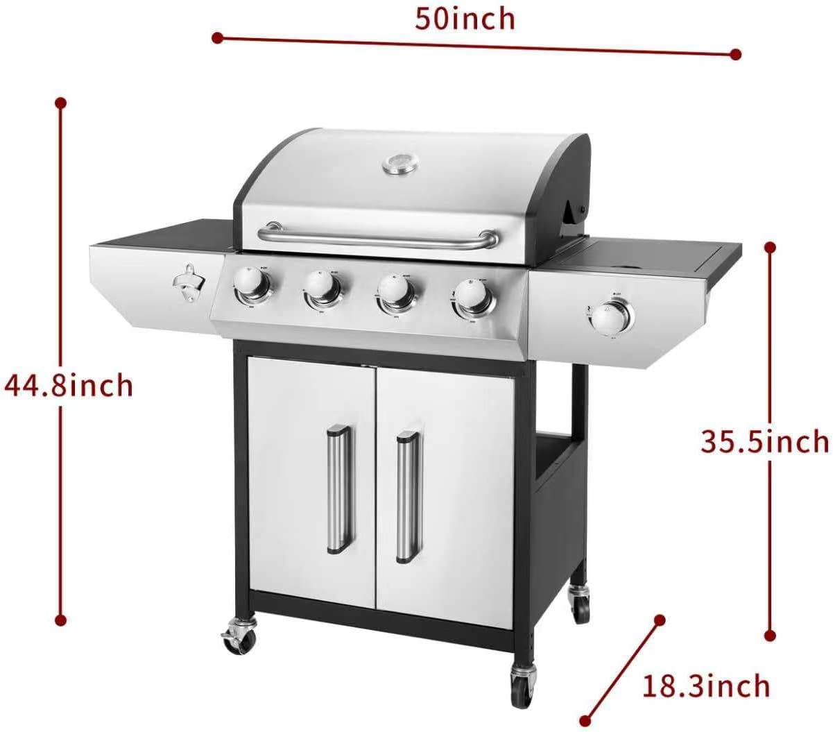 4-Burner Propane Gas BBQ Grill with Side Burner, 53,000 BTU Output with Enameled Cast Iron Grates for Patio Garden Barbecue, Stainless Steel