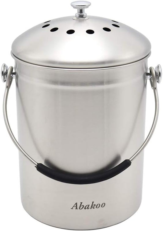 Abakoo Stainless Steel Compost Bin for Kitchen Countertop Compost Bucket Kitchen Pail Compost with Lid 1.3 Gallon-Includes 4 Filters