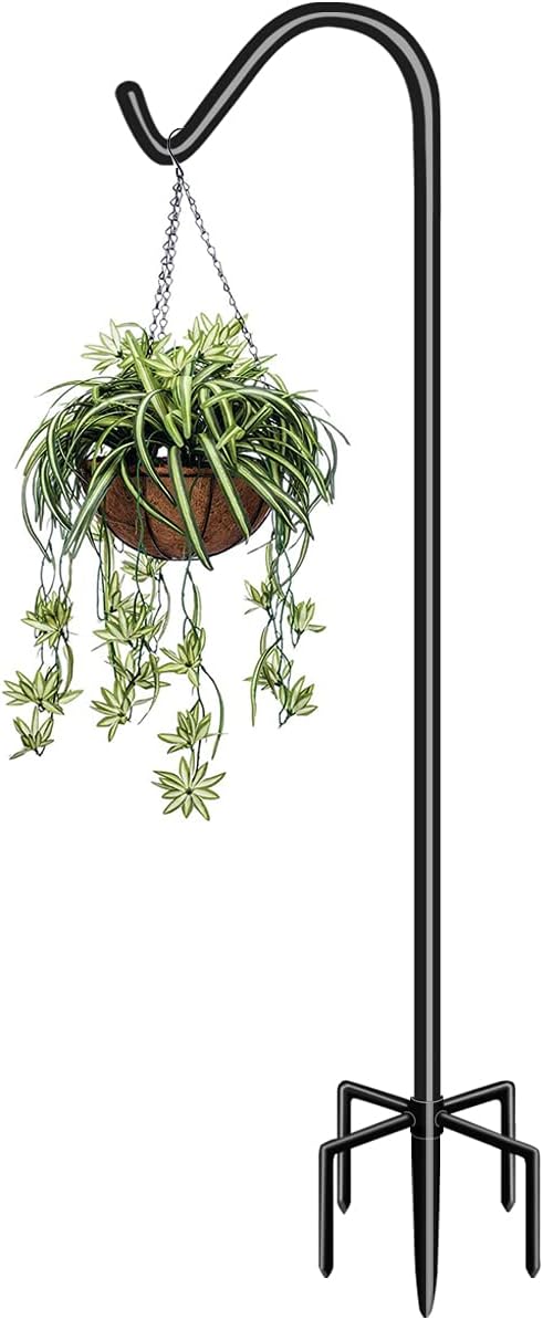 Garbuildman 60 Inch Tall Shepherd Hooks with 5-Forked Base, Adjustable Heavy Duty Bird Feeder Pole Stand Hanger for Outdoor, Shiny Black, 1 Pack