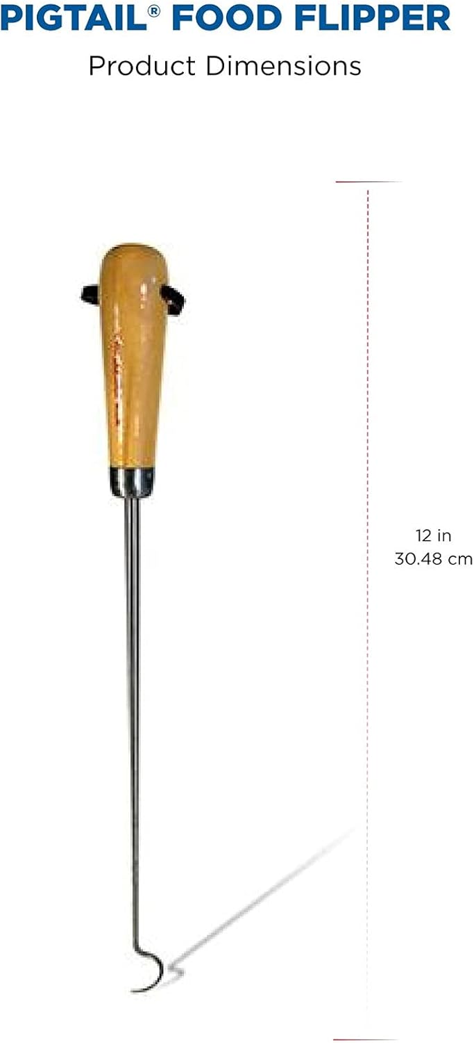 Jaccard 12” PigTail Food Flipper, Blister Pack - Wooden Handle, PigTail Flipper, Meat Hook for Grilling, Wood/Stainless, 201310