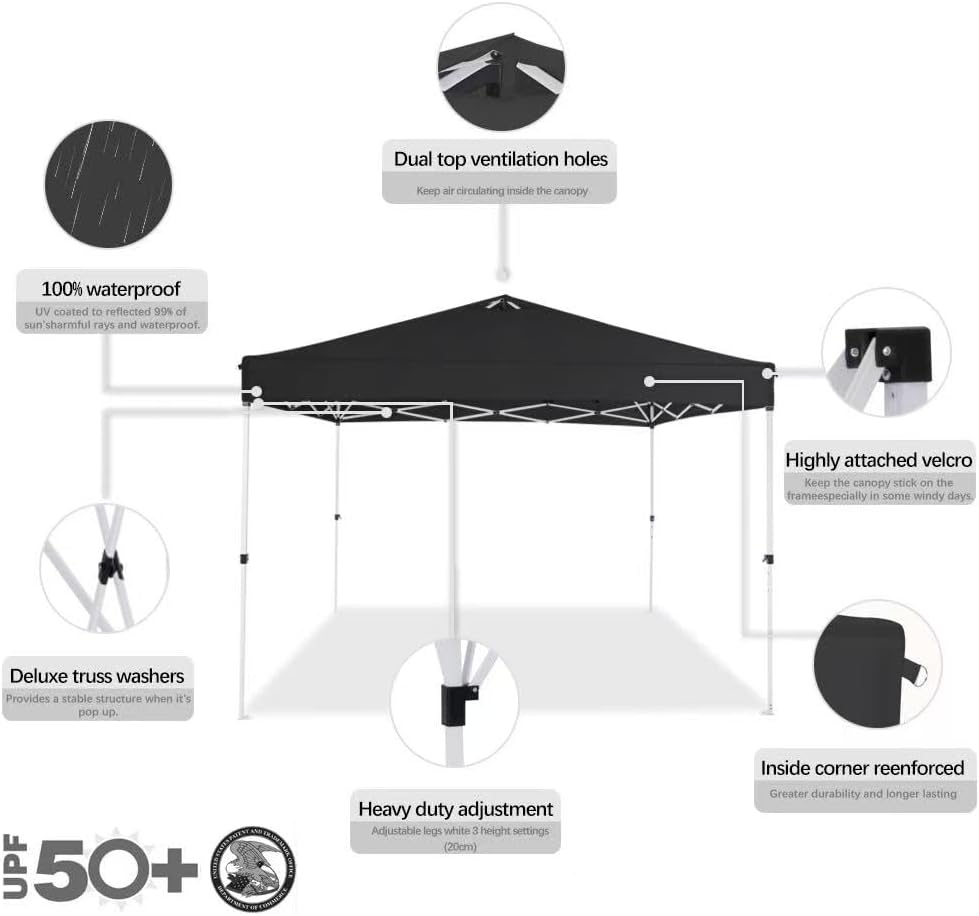 10x10 Pop Up Canopy,Event Tent – One-Person Setup, Waterproof & UV-Blocking, Heavy-Duty Steel Frame, Wheeled Bag & Sandbags – Outdoor Shade for Beach, Camping, Backyard, Tailgate (Black)