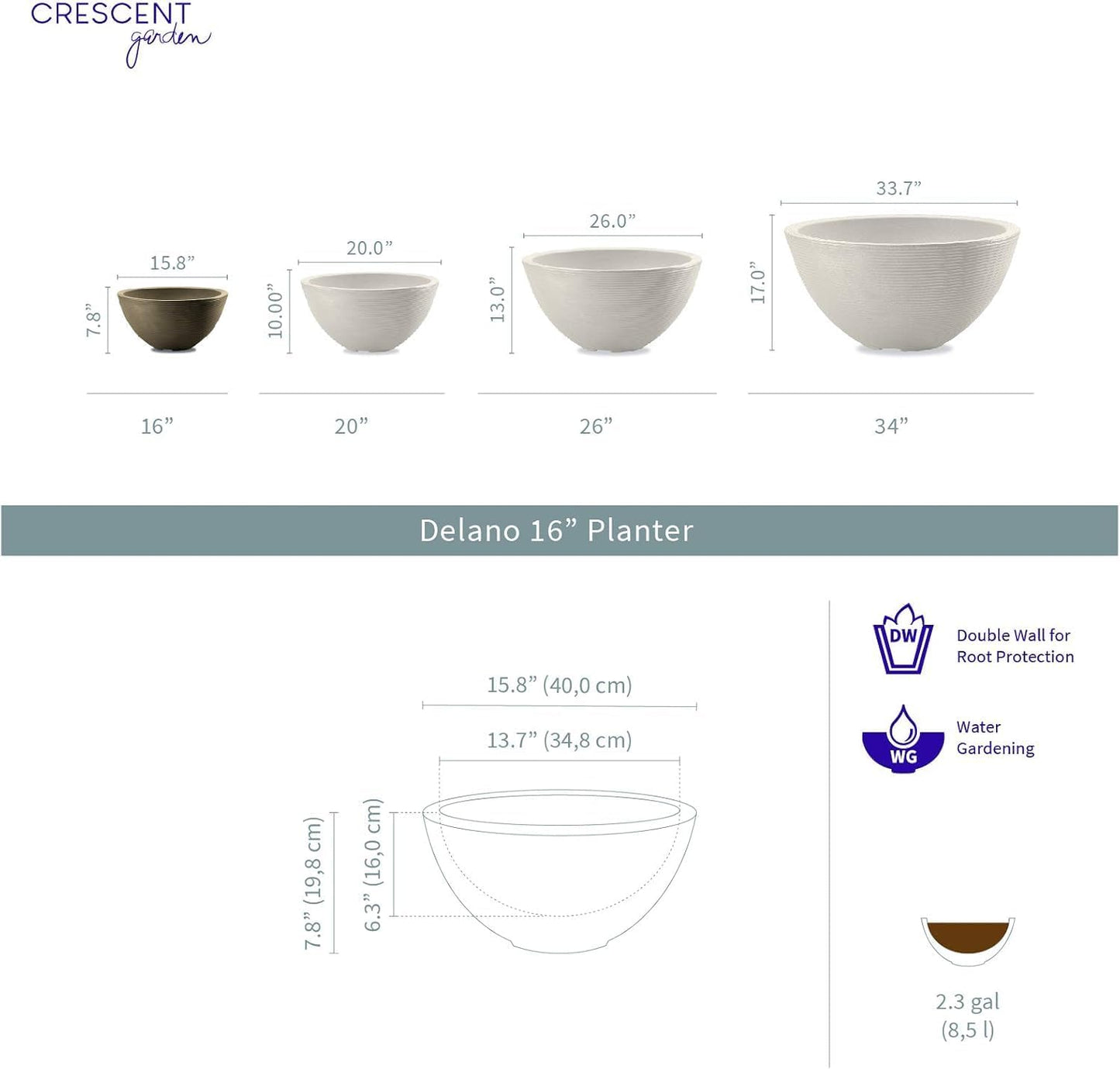 Crescent Garden Delano Bowl Planter, Indoor Outdoor Round Shallow Plant Pot for Water Garden, Bonsai Plant Pots, Succulents with Drain Hole - Double Walled Bowl Lotus Pot, 16" W (Midnight)