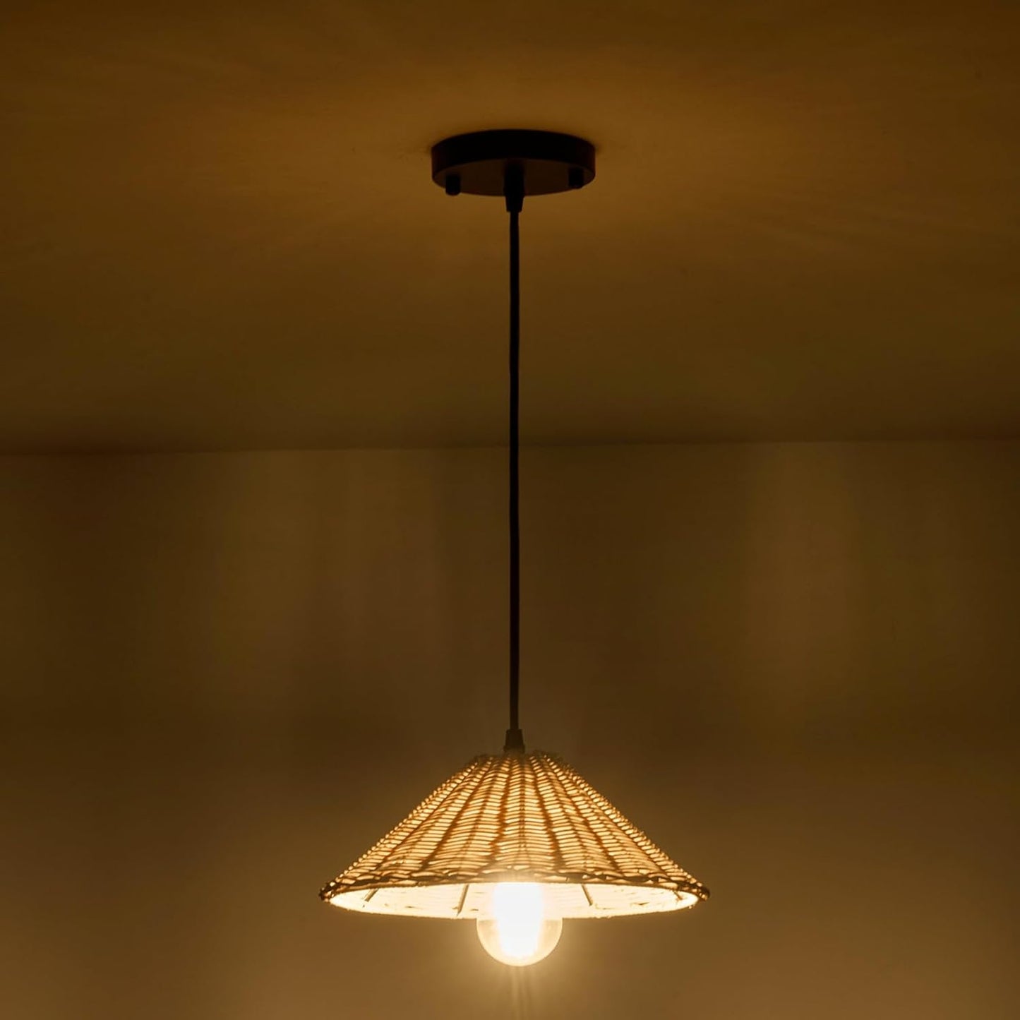 TERLEENART Hard Wired Rattan Pendant Lights Set of 2,Farmhouse Coastal Woven Wicker Ceiling Light with 10.65” Cone Shade, Boho Wired Mounted Hanging Chandelier for Bedroom Dining Room Kitchen Island