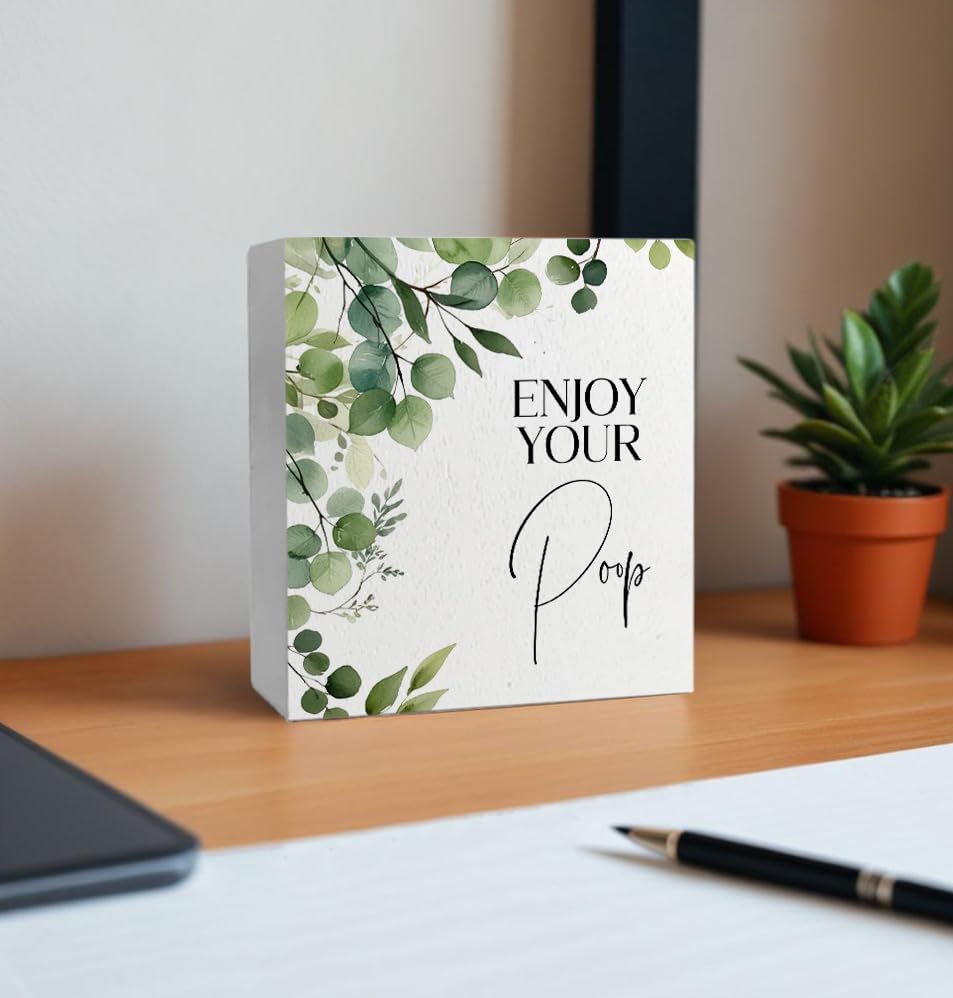 Funny Bathroom Signs, Enjoy Your Poop Humorous Wooden Box Sign, Eucalyptus Botanical Wood Signs Plaque for Bathroom Washroom Toilet Counter Shelf Table Decor, 5x5 Inch